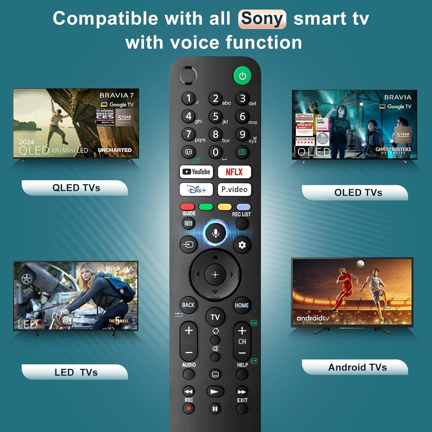 ریموت کنترل جایگزین تلویزیون هوشمند سونی، سازگار با تلویزیون های هوشمند 4K/8K LED OLED Google/Android سری Sony Bravia XR/XBR/KD با عملکرد جستجوی صوتی