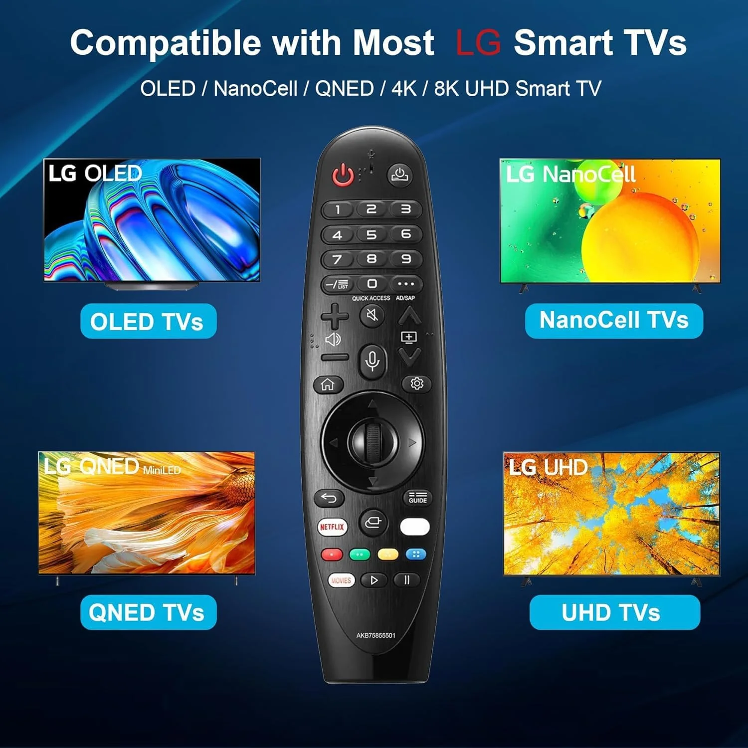 جایگزین کنترل از راه دور جادویی ال‌جی با دستور صوتی و عملکرد اشاره‌گر، کنترل از راه دور جهانی برای تلویزیون‌های هوشمند ال‌جی سری UHD OLED QNED NanoCell (مدل‌های 4K 8K) - سازگار با Google Assistant، برای Alexa