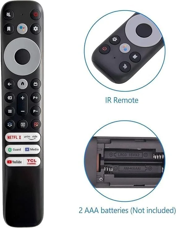 جدیدترین ریموت کنترل جایگزین TCL مدل RC902V برای تلویزیون های هوشمند اندروید TCL Mini-LED QLED 4K UHD با دکمه های Netflix، YouTube، Guard، Media و Channel (بدون عملکرد صوتی).