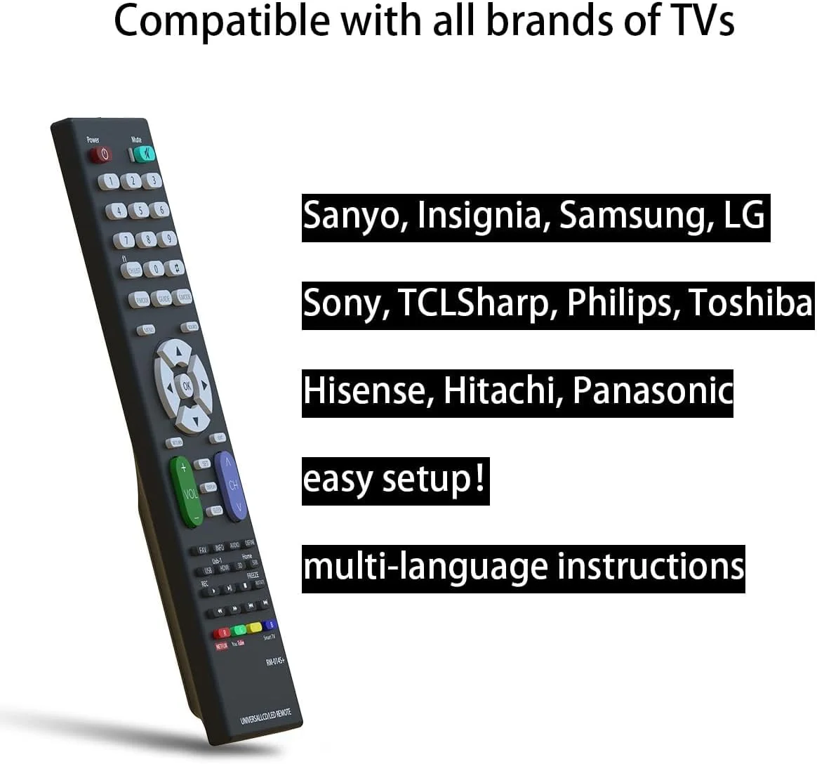 ریموت کنترل جهانی PINKE جایگزین برای سامسونگ، ال‌جی، آرسی‌ای، سونی، پاناسونیک، توشیبا، هیتاچی و سانیو و سایر برندها LCD/LED 3D HDTV ریموت کنترل تلویزیون هوشمند، RM-014S+