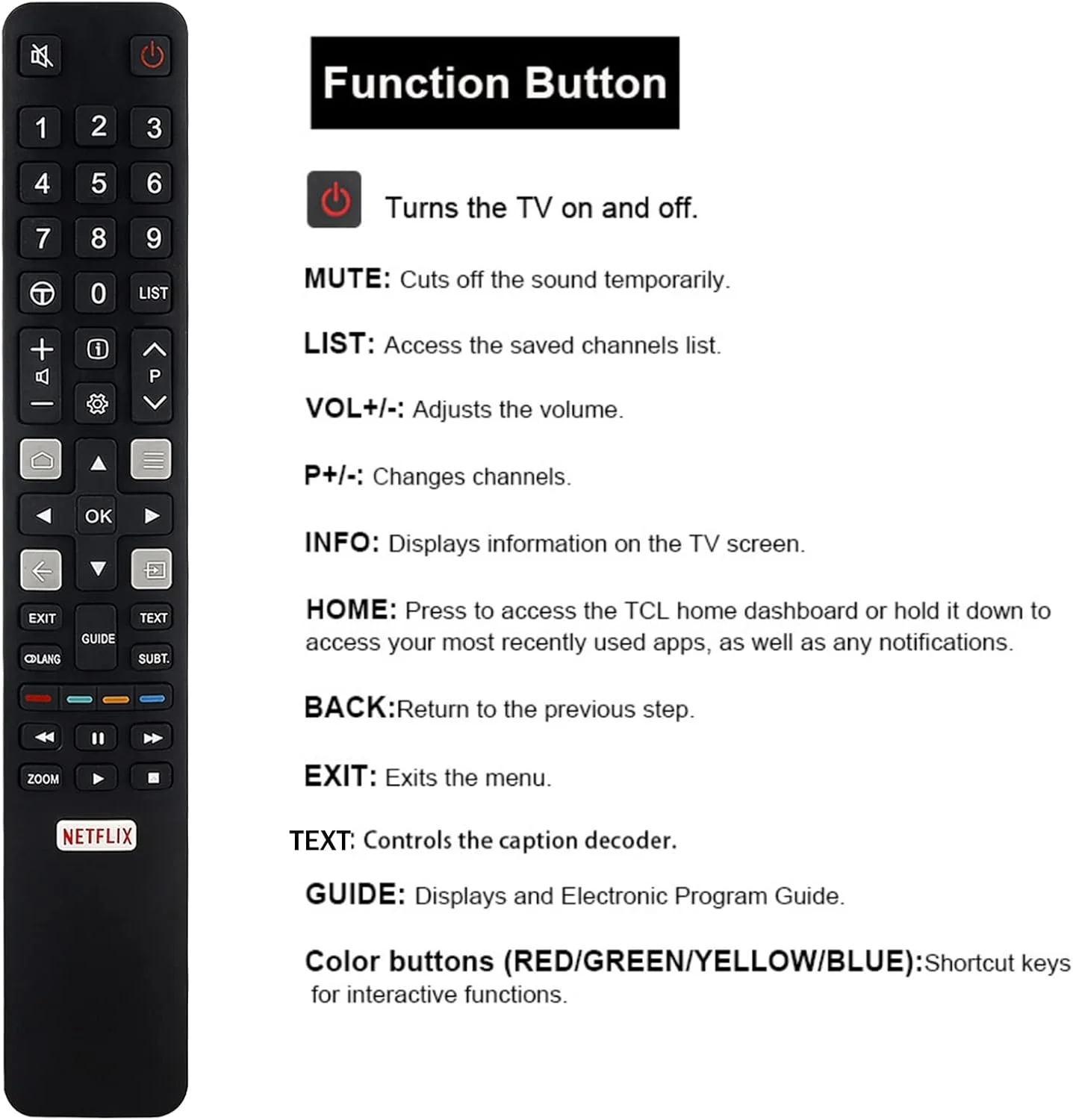 ریموت کنترل تلویزیون TCL مدل RC802N جایگزین ریموت کنترل GRC802N YAI2 برای نتفلیکس TCL TV 75C2US 65C2US 55C2US 50E18US 55E18US 43P20US 49C2US 32S6000S 40S6000FS 43S6000FS 49S6000FS 55S6000FS
