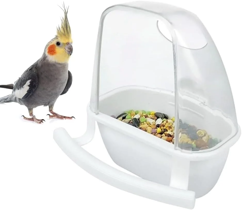 ظرف غذای پرنده Tazweeq، قفس پرنده ظرف آب و غذا آویز پلاستیکی جعبه تغذیه غذا قفس طوطی لوازم جانبی قفس، برای پرندگان کوچک طوطی عروس هلندی و مرغ عشق، سفید