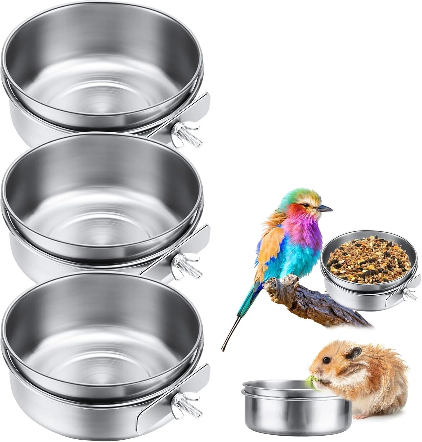 ظروف استیل ضد زنگ برای غذای پرندگان با گیره، ست 3 عددی، فنجان های آب و غذای حیوانات خانگی برای طوطی ها، پرندگان کوچک، همسترها