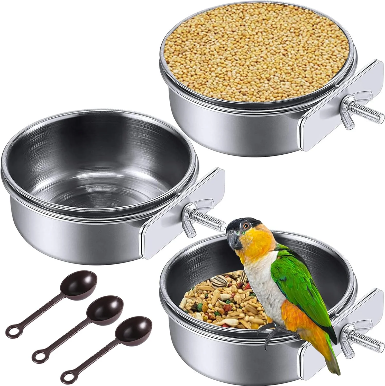ظروف استیل ضد زنگ پرنده IS MUHE® با گیره، کاسه آب بادوام، فنجان های غذا، کاسه غذای چینچیلا، ظروف پرنده برای قفس، غذاخوری و آبخوری قفس پرنده (3 عدد)