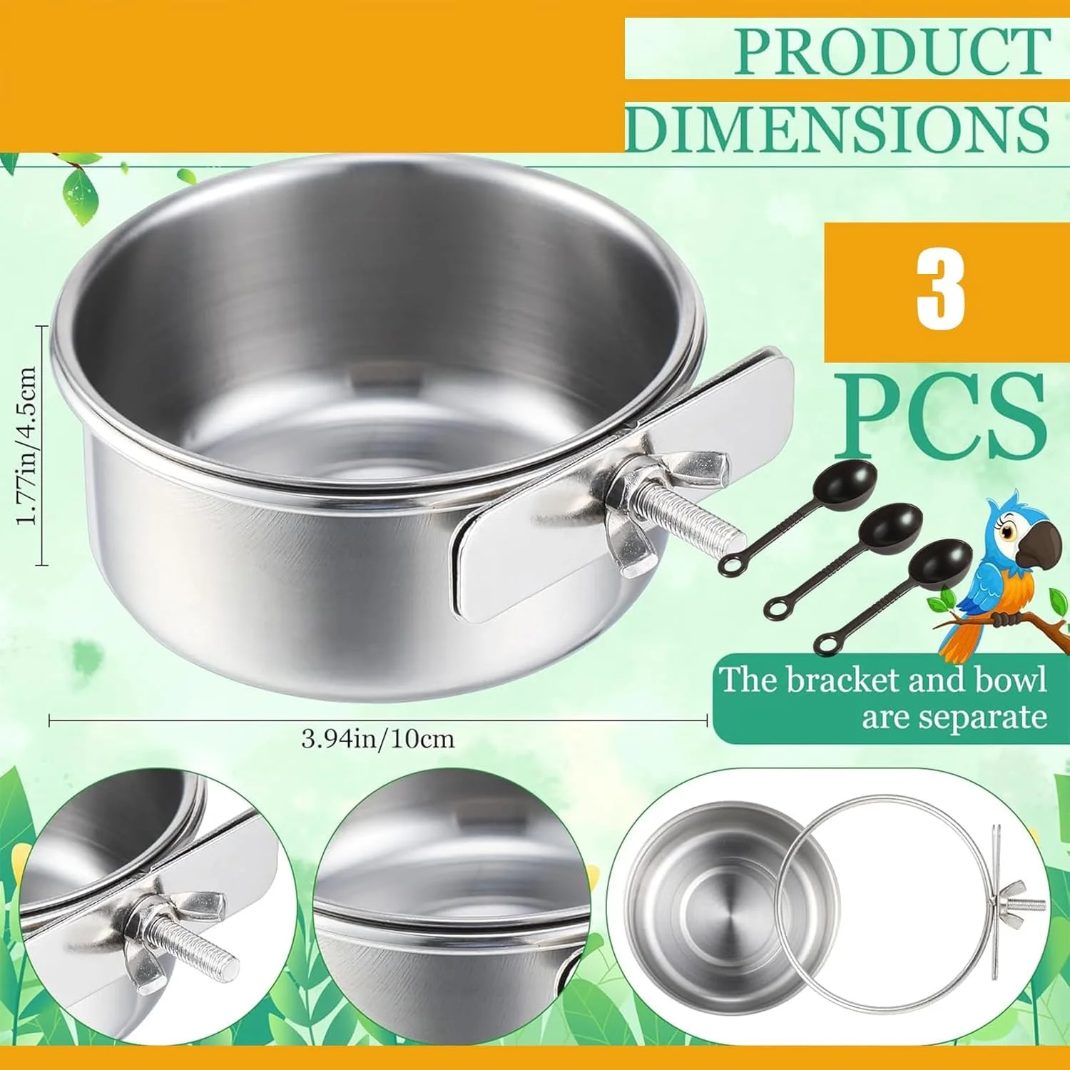 ظروف استیل ضد زنگ پرنده IS MUHE® با گیره، کاسه آب بادوام، فنجان های غذا، کاسه غذای چینچیلا، ظروف پرنده برای قفس، غذاخوری و آبخوری قفس پرنده (3 عدد)