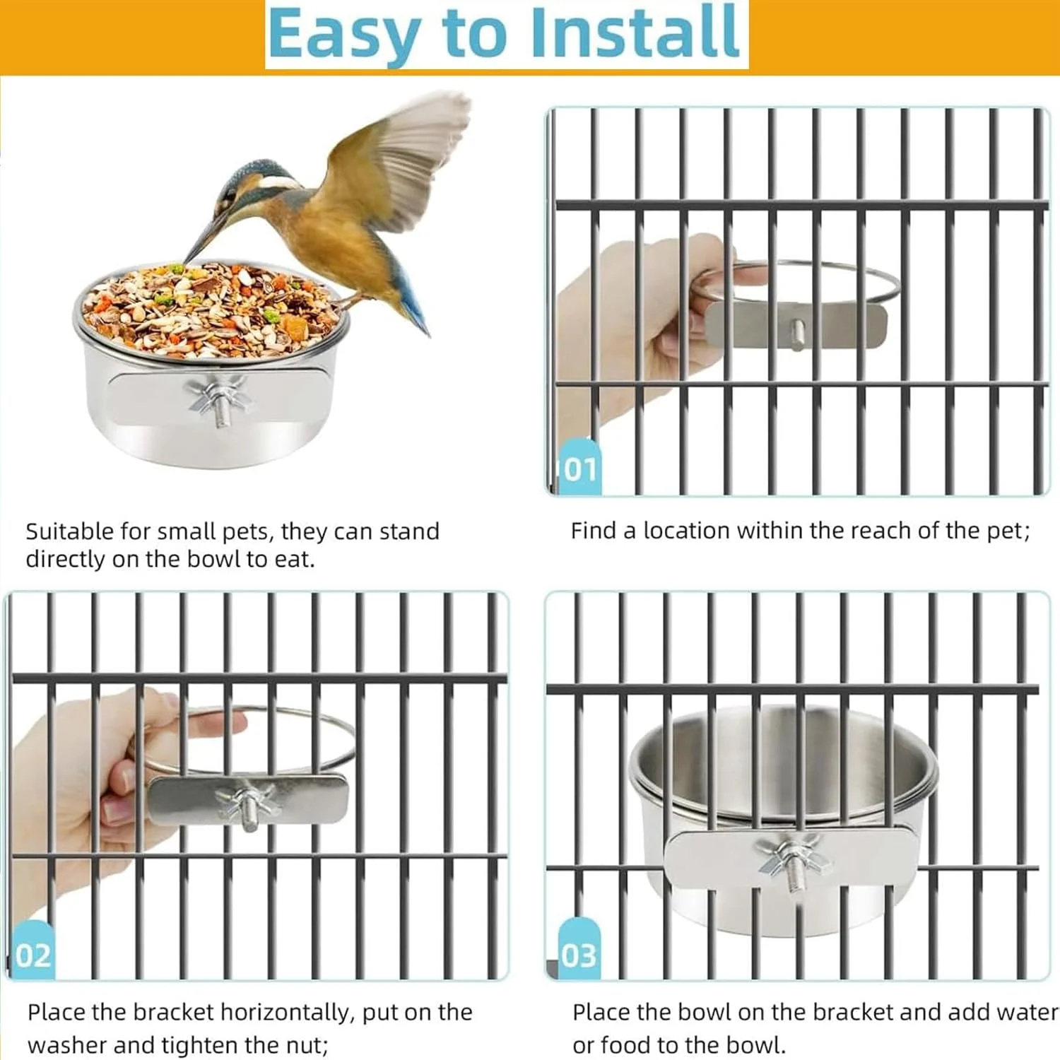 ظروف استیل ضد زنگ پرنده IS MUHE® با گیره، کاسه آب بادوام، فنجان های غذا، کاسه غذای چینچیلا، ظروف پرنده برای قفس، غذاخوری و آبخوری قفس پرنده (3 عدد)