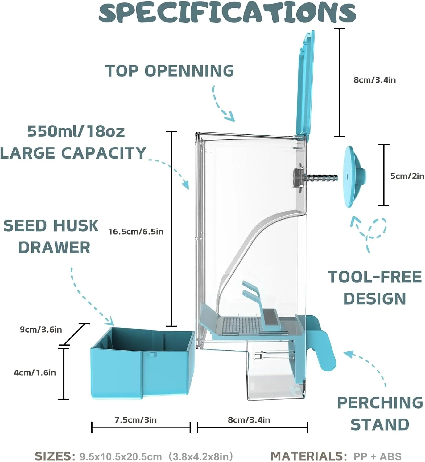 ظرف غذای اتوماتیک پرنده سپتیلار، ظرف غذای آکریلیک بدون کثیف کاری قفس پرنده به همراه میله نشیمن برای مرغ عشق، قناری، عروس هلندی و فنچ (آبی)