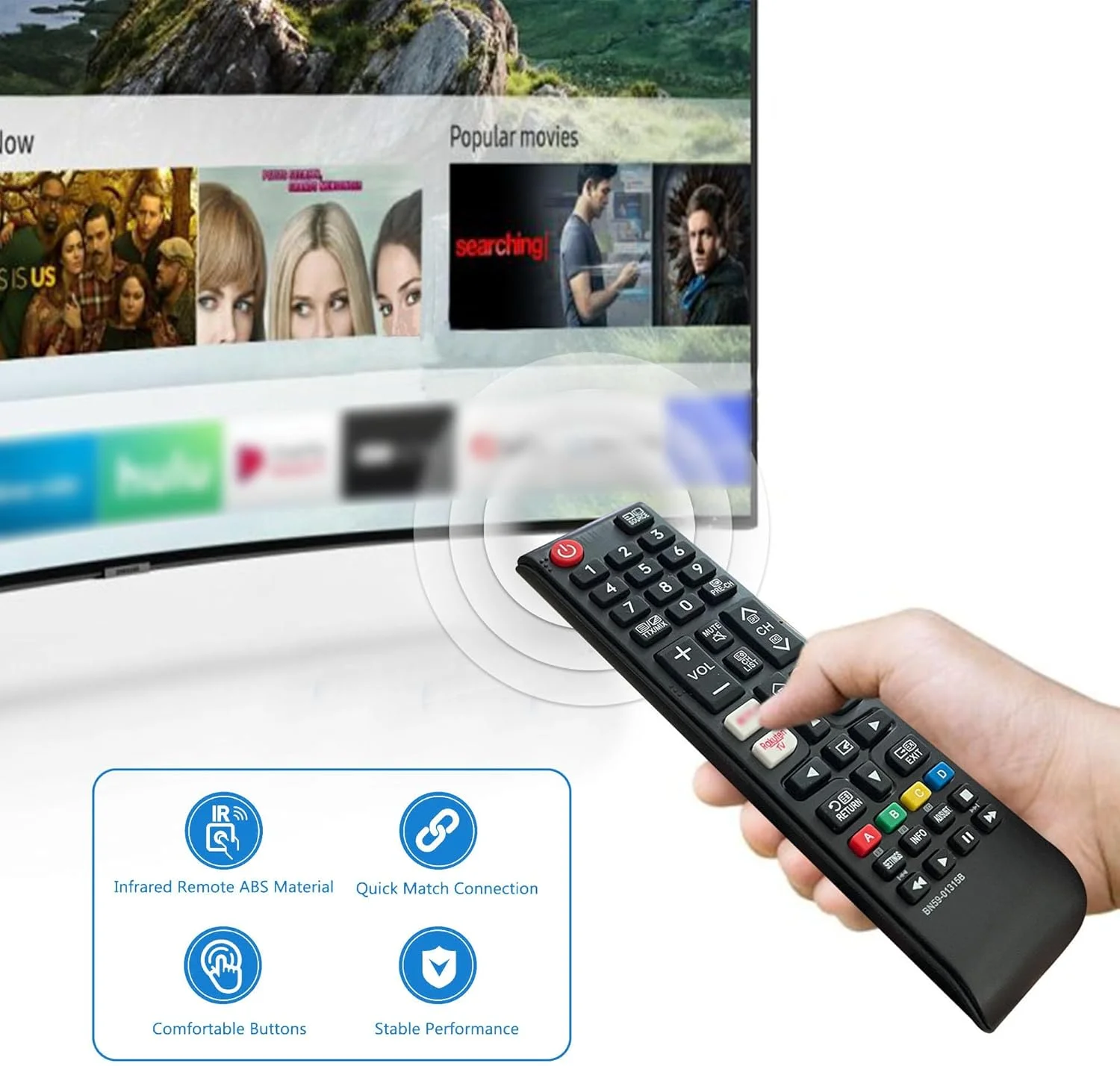 ریموت کنترل جایگزین سامسونگ BN59-01315B برای تلویزیون های هوشمند سامسونگ 4K UHD HDR Crystal QLED سری UE Quantum با دکمه های میانبر