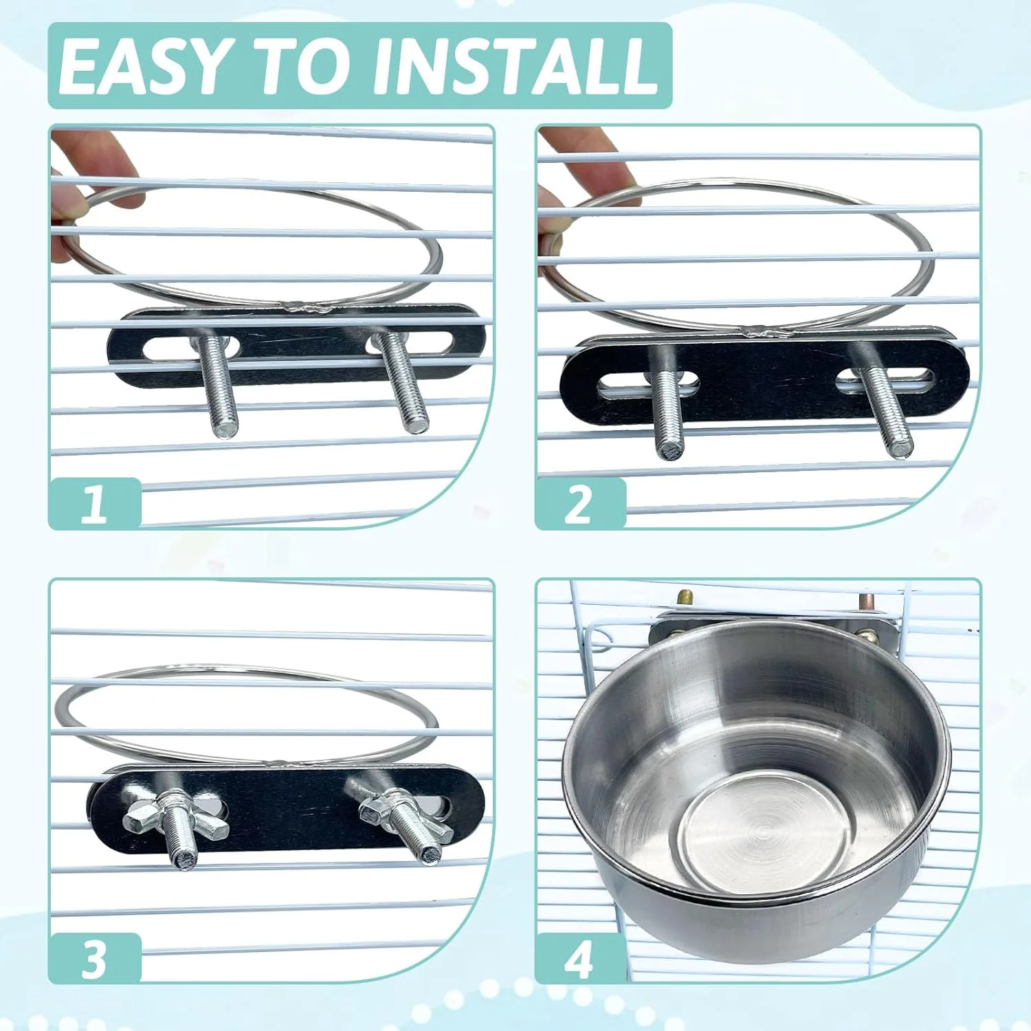 ظرف استیل پرنده PINVNBY، کاسه غذای طوطی با گیره، ظرف غذای پرندگان، کاسه قفس برای عروس هلندی، کبوتر، کانور، مرغ عشق، کاسکو (2 عدد، اندازه پیچ: M)