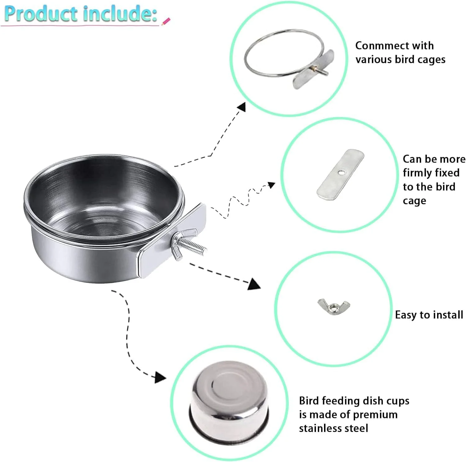 ظرف استیل غذای پرنده پتساری - ظرف آویز غذا و آب برای طوطی - ظرف غذای قفس پرنده با پیچ و گیره - کاسه آب و غذای حیوانات برای عروس هلندی، مرغ عشق و ماکائو - متوسط
