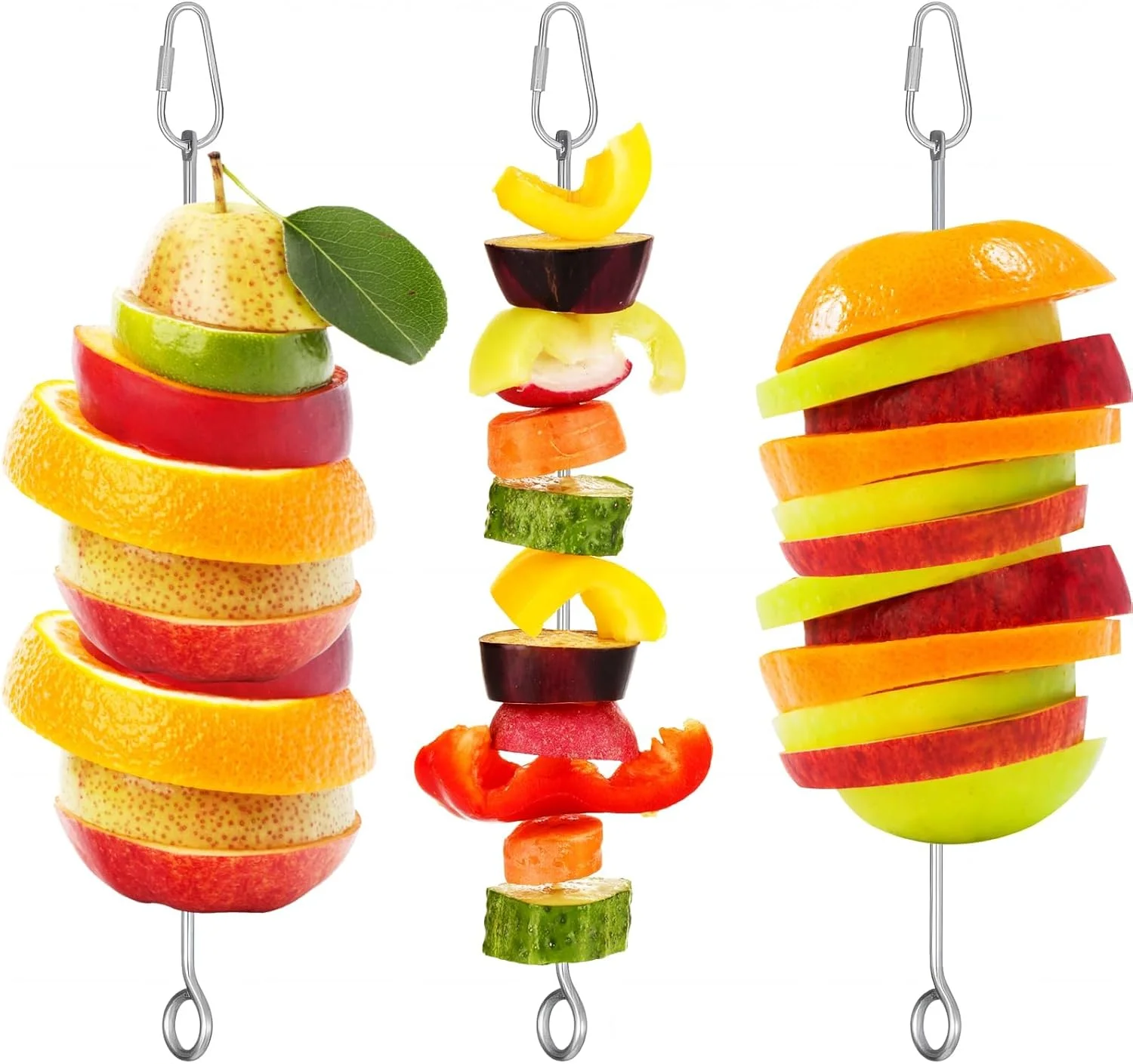 پینکه، ست ۳ عددی نگهدارنده غذا قفس پرنده، سیخ استیل ضد زنگ میوه و سبزیجات طوطی، اسباب بازی آویز تغذیه طوطی، مناسب برای طوطی برزیلی، مرغ عشق و ماکائو