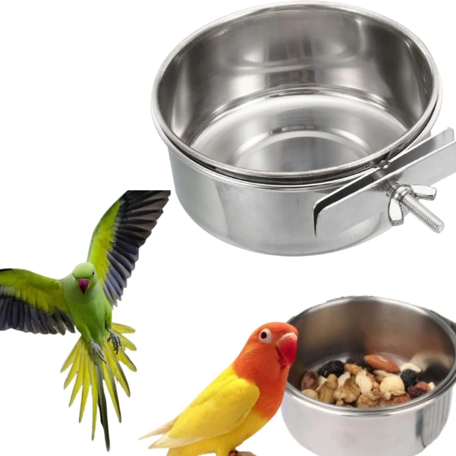 ظرف استیل ضد زنگ غذای پرنده پتساری - ظرف آویز غذا و آب برای طوطی - قفس پرنده با پیچ و گیره - کاسه آب و غذای حیوانات برای عروس هلندی، مرغ عشق و ماکائو - کوچک