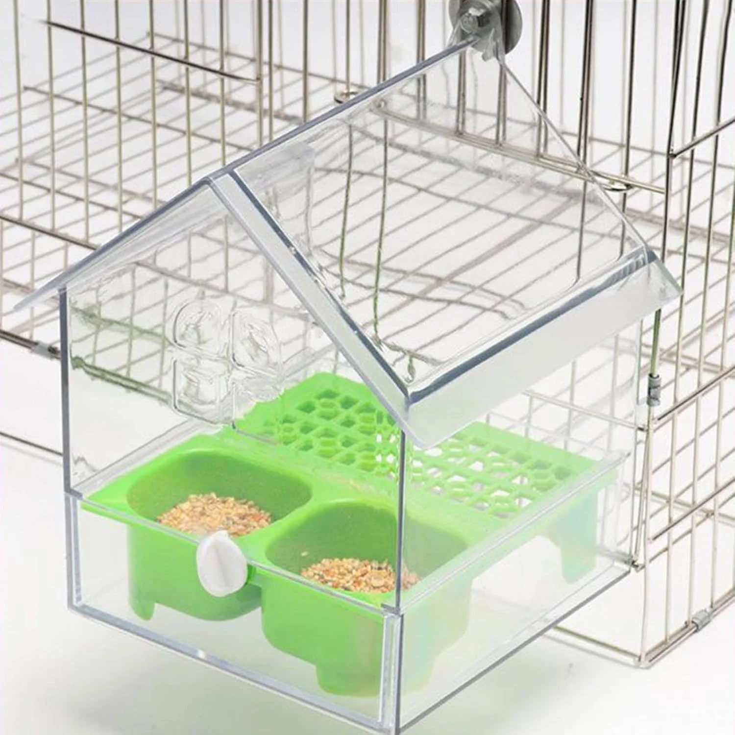 ظرف غذا و حمام پرنده شفاف با سقف، ظرف آب و غذای طوطی، خانه حمام آویز شفاف طوطی، لوازم جانبی قفس پرندگان برای فنچ و مرغ مگس خوار