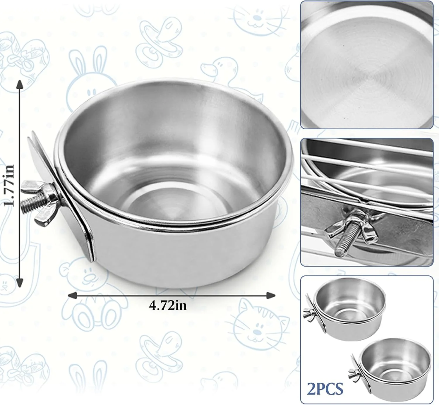 ظروف غذای طوطی PINVNBY، ظرف غذای پرندگان استیل ضد زنگ، کاسه های آب قفس با نگهدارنده گیره برای عروس هلندی، کانور، مرغ عشق، طوطی ماکائو، حیوانات کوچک (2 عدد تک پیچ سایز: M)
