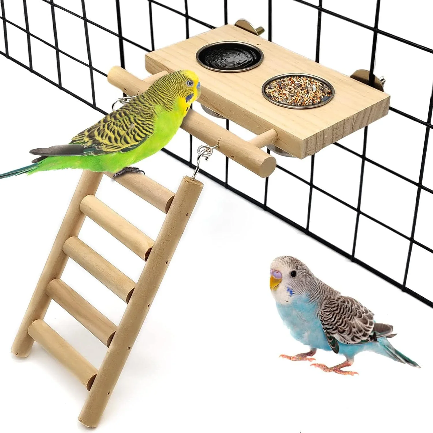ظروف استیل غذای پرنده NALACAL با پایه چوبی نشیمنگاه، کاسه های آویز غذا، لوازم غذاخوری و آبخوری برای مرغ عشق، کانور، عروس هلندی، باجی، طوطی