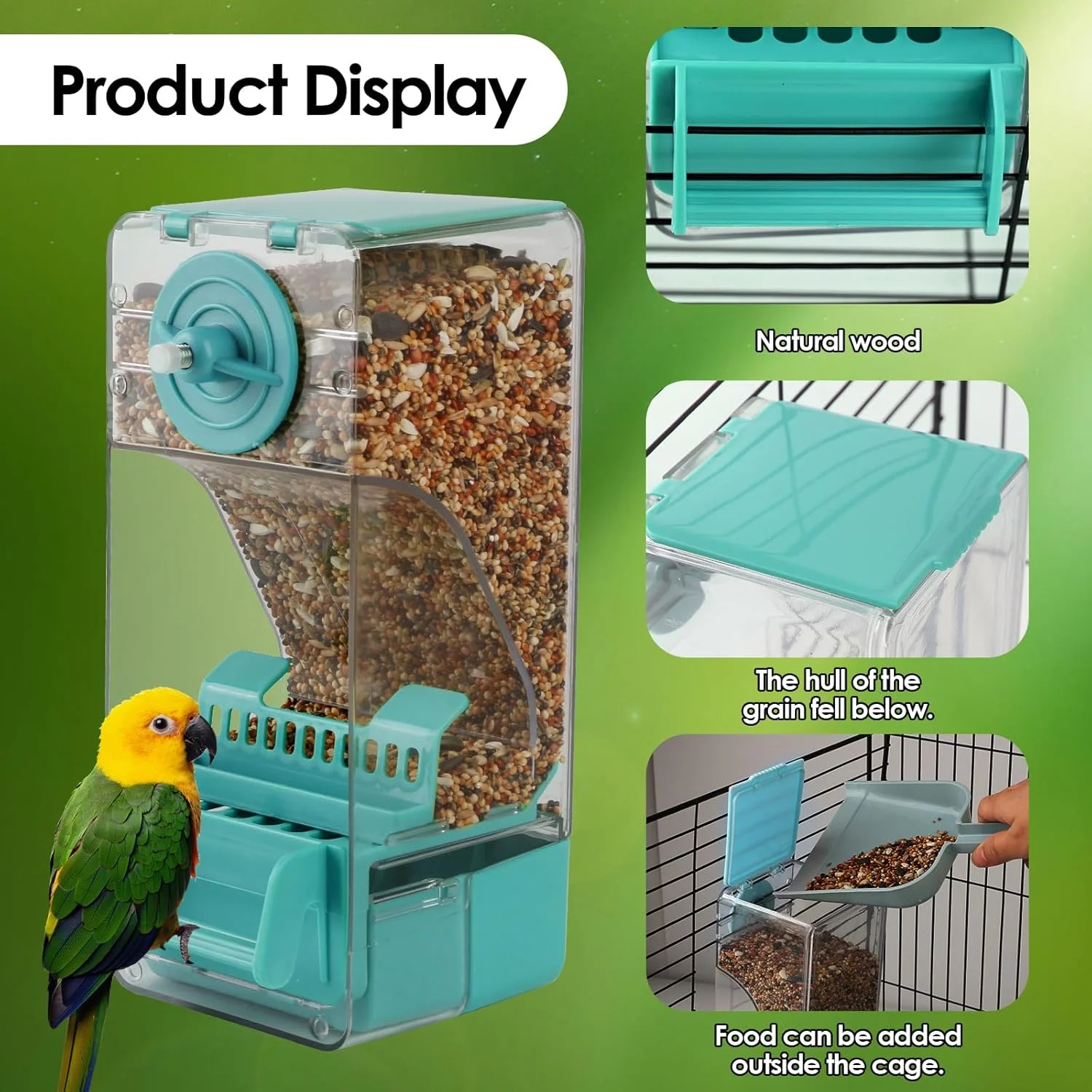 ظرف غذای پرنده بدون ریخت و پاش 2 عددی، ظرف غذای دانه پرنده شفاف اتوماتیک، لوازم جانبی قفس پخش کننده غذای طوطی اکریلیک برای مرغ عشق، باجریگار، کاکادو، قناری، مرغ عشق (آبی)
