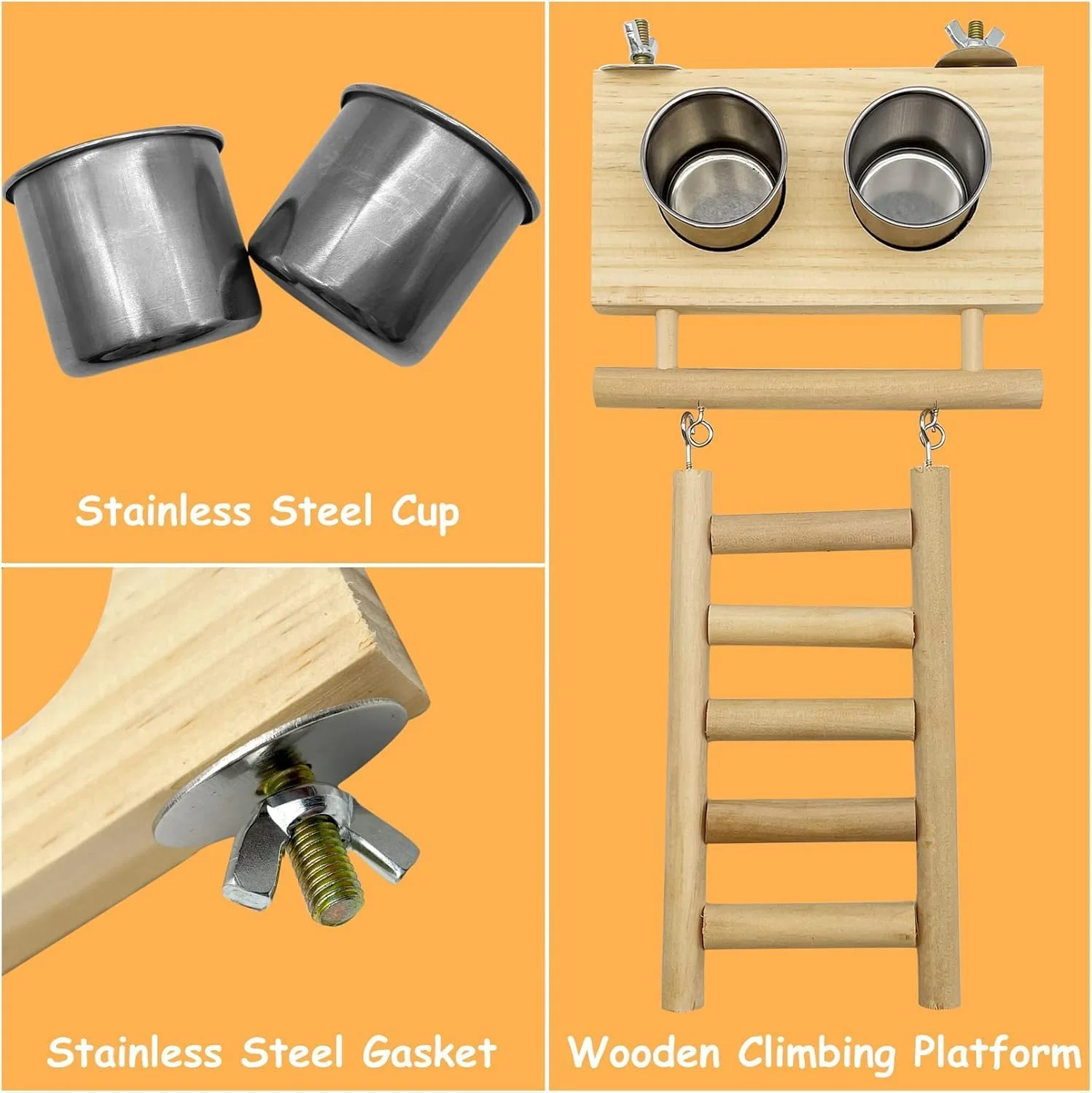 ظروف استیل غذای پرنده NALACAL با پایه چوبی نشیمنگاه، کاسه های آویز غذا، لوازم غذاخوری و آبخوری برای مرغ عشق، کانور، عروس هلندی، باجی، طوطی