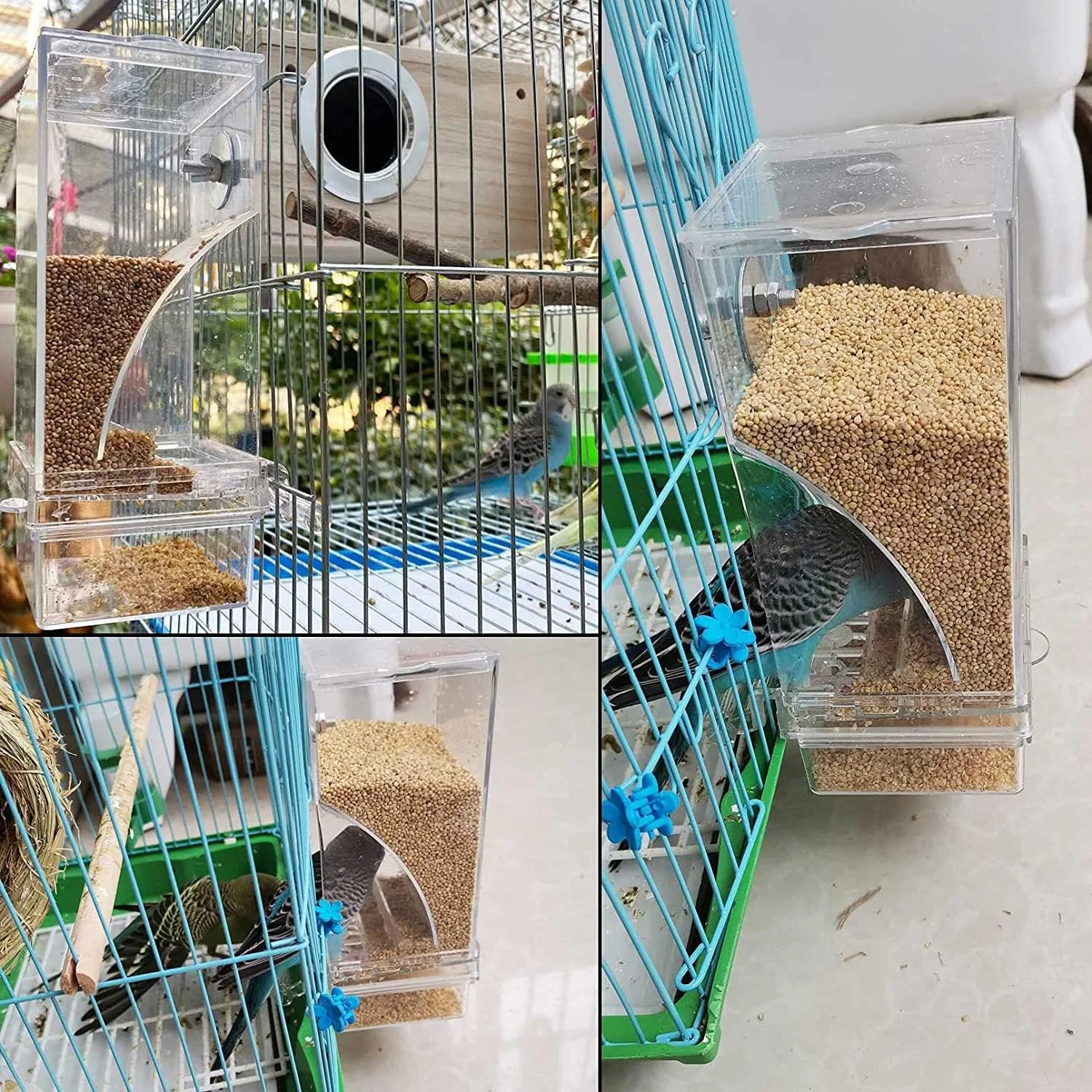 ظرف غذای اتوماتیک بدون کثیفی برای پرندگان، طوطی، قناری، فینچ، ظرف دانه اکریلیک با میله نشیمن، لوازم جانبی قفس برای پرندگان کوچک، مرغ عشق، کوکاتیل