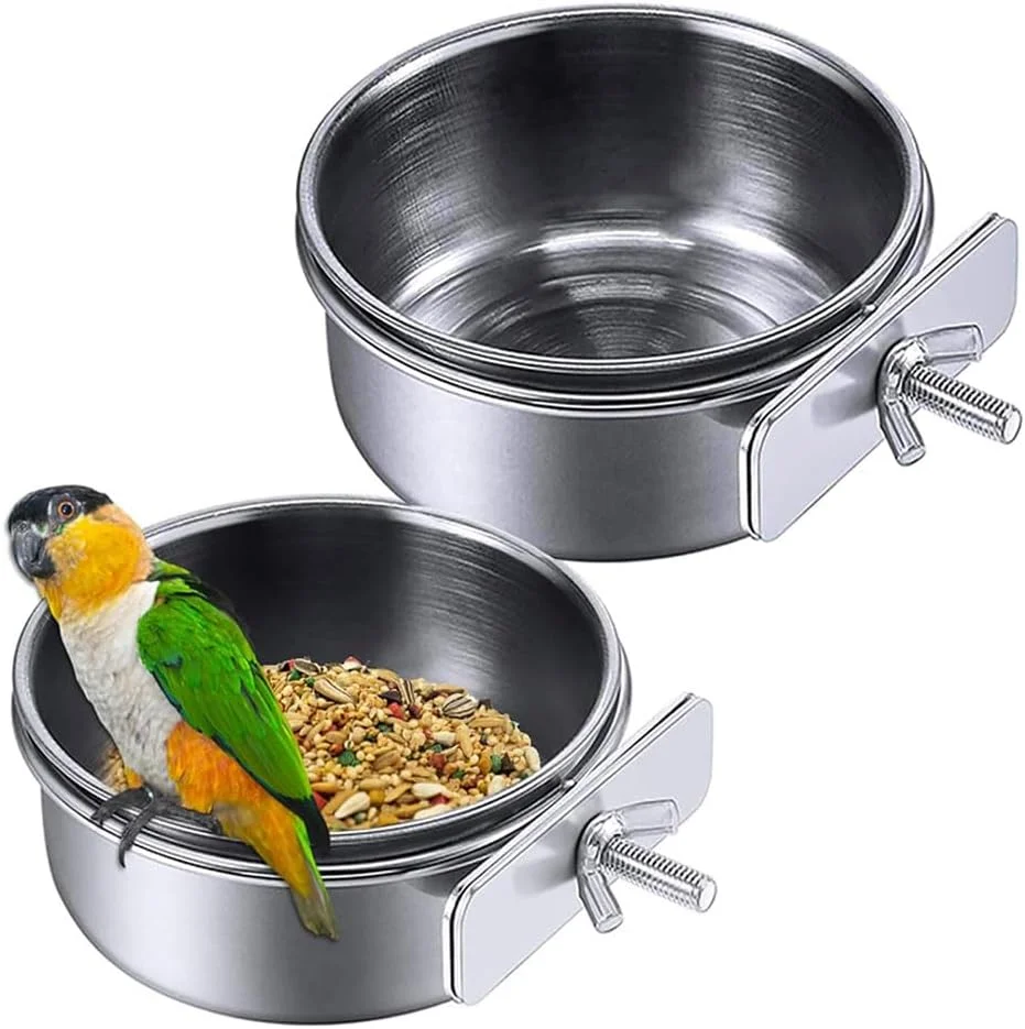 بسته 2 عددی کاسه غذای پرنده هوتو با گیره نگهدارنده، ظرف آویزان استیل ضد زنگ برای قفس غذای طوطی، مناسب برای طوطی، عروس هلندی، مرغ عشق، پاراکیت و حیوانات کوچک