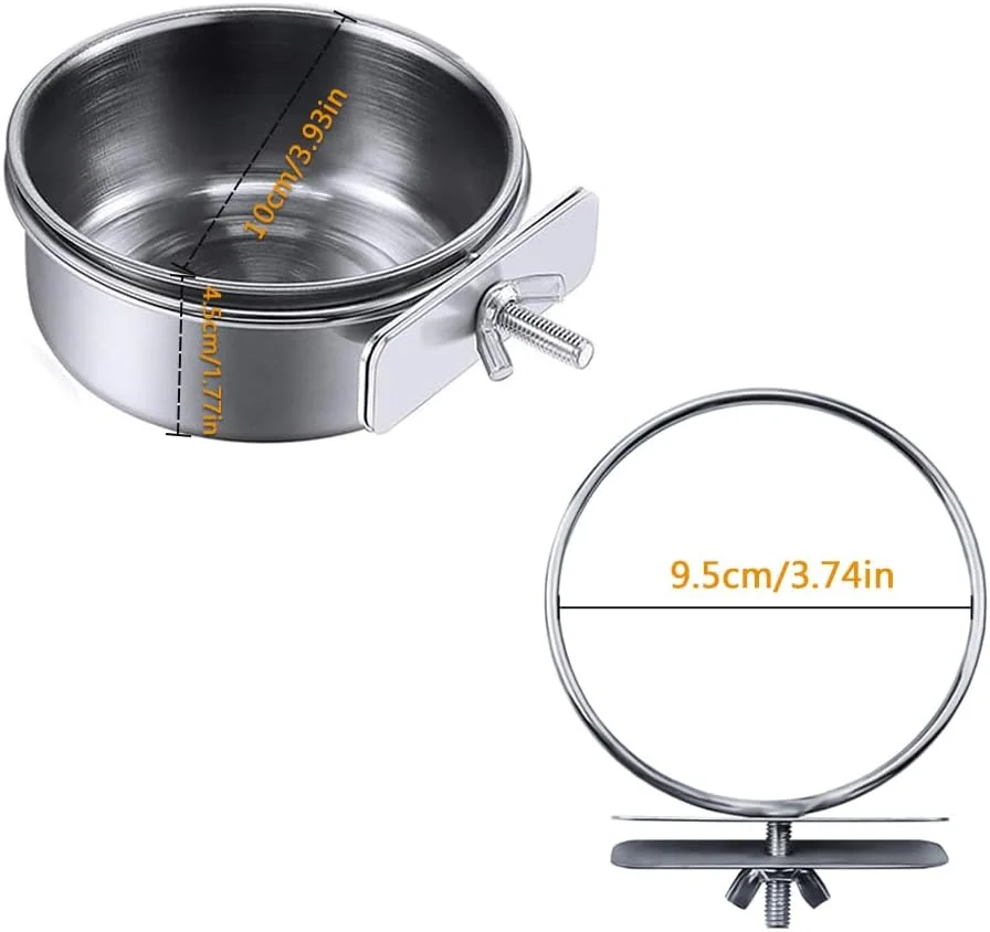 بسته 2 عددی کاسه غذای پرنده هوتو با گیره نگهدارنده، ظرف آویزان استیل ضد زنگ برای قفس غذای طوطی، مناسب برای طوطی، عروس هلندی، مرغ عشق، پاراکیت و حیوانات کوچک