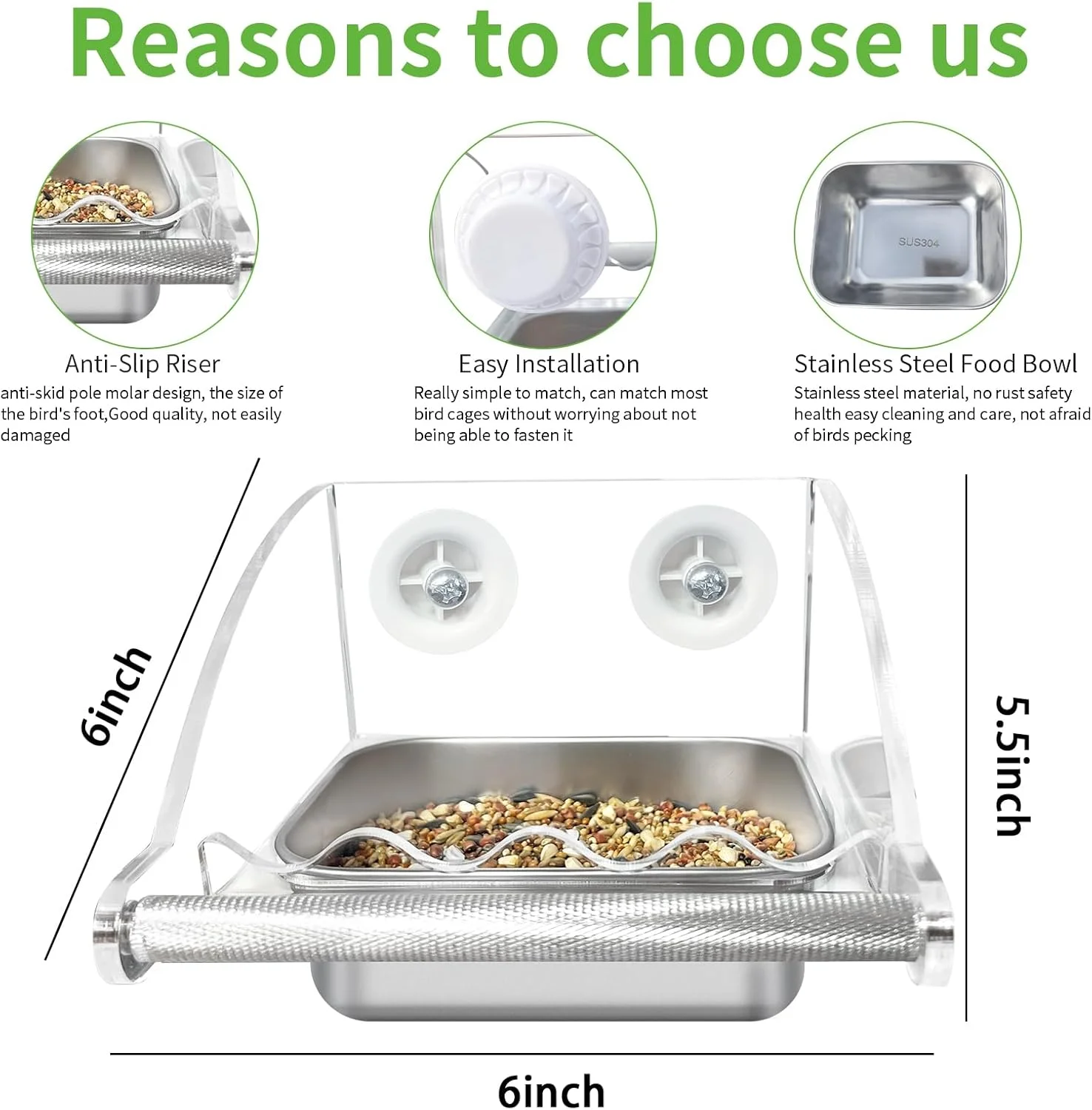 ظرف غذای پرنده LUKHMELF برای قفس، ظرف غذای شفاف پرنده، ظرف غذای پرنده با پایه ضد لغزش، کاسه های استیل ضد زنگ برای پرندگان، مناسب برای طوطی، کاسکو، مرغ عشق و باجریگار