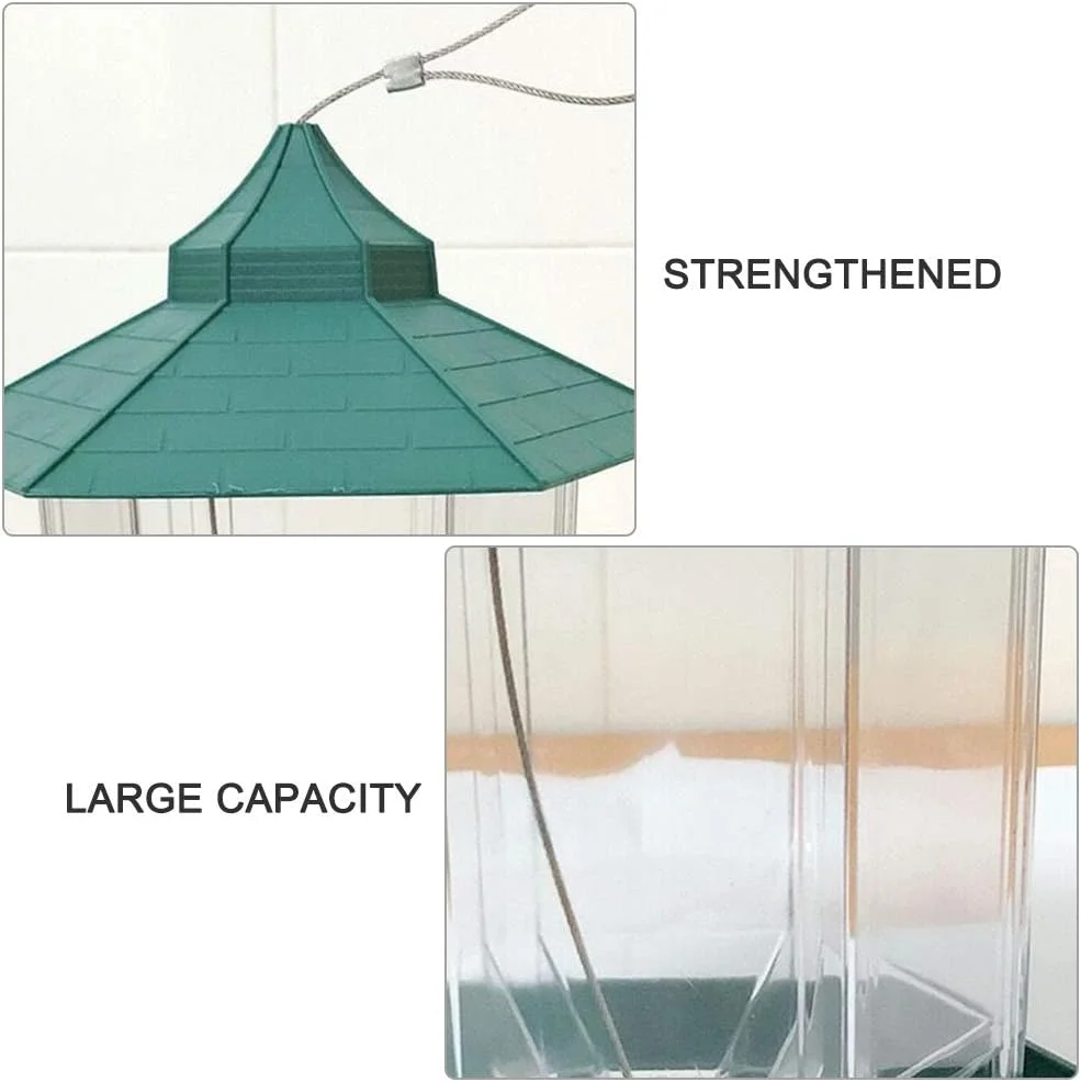 ظرف غذای پرنده GoolRC، شش ضلعی، پلاستیکی، سبز، ضد آب، با سقف آویز، ظرف غذای پرندگان وحشی برای تزئین باغ و حیاط
