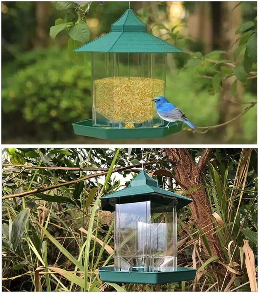 ظرف غذای پرنده GoolRC، شش ضلعی، پلاستیکی، سبز، ضد آب، با سقف آویز، ظرف غذای پرندگان وحشی برای تزئین باغ و حیاط