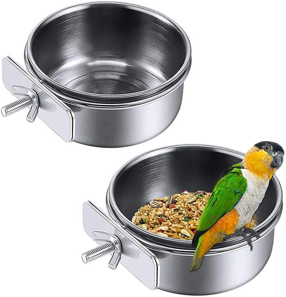 ظرف غذای قفس پرنده، 2 عدد کاسه استیل ضد زنگ پرنده، ظرف آب و غذای پرنده برای قفس، مناسب برای طوطی، فنچ، مرغ عشق و حیوانات کوچک