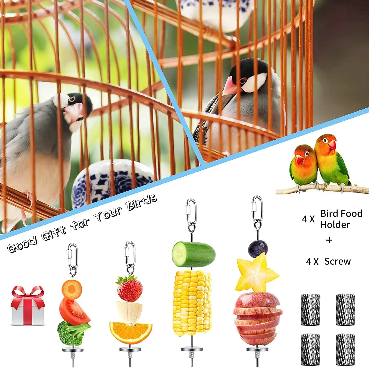 ظرف غذای پرنده برای قفس، اسباب بازی جستجوی غذا برای پرنده، نگهدارنده غذای پرنده از جنس استیل ضد زنگ، سیخ میوه و سبزیجات برای حیوانات کوچک، ابزار تغذیه آویز برای قفس طوطی و عروس هلندی (2 عدد بلند + 2 عدد کوتاه)
