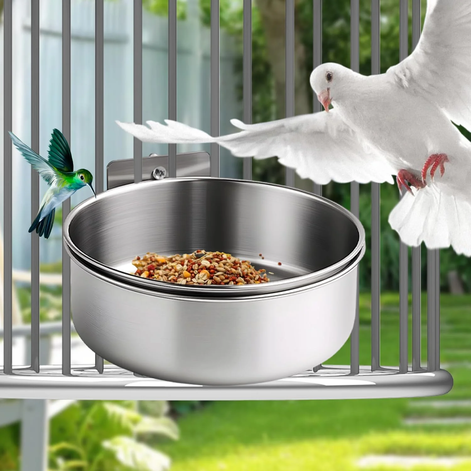 فنجان های تغذیه طوطی، ظرف غذای پرندگان، ظروف استیل ضد زنگ، کاسه های آب قفس با گیره نگهدارنده برای کوکاتیل، حیوانات کوچک، چینچیلا (نقره ای، 10x10x4.5cm)
