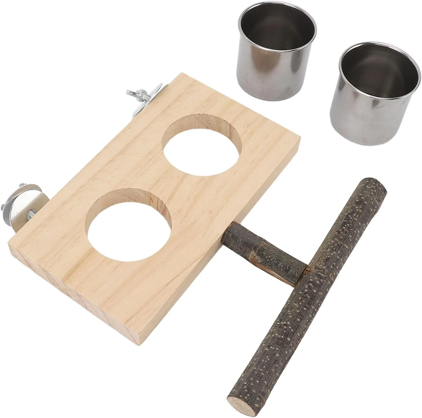 ظرف غذای پرنده دست ساز Jiawu، سکوی چوبی، فنجان های غذای استیل ضد زنگ ایمن، جایگاه نشیمن راحت برای عروس هلندی، جنس: چوب توس