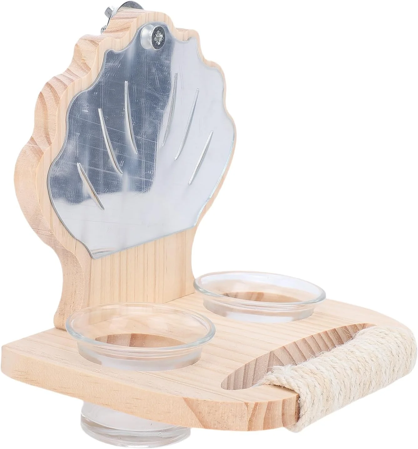 ظرف غذای آینه ای طوطی GLOGLOW، ظرف غذای چوبی پایه دار پرنده با آینه و فنجان های غذاخوری برای مرغ عشق، عروس هلندی، قناری و طوطی برزیلی