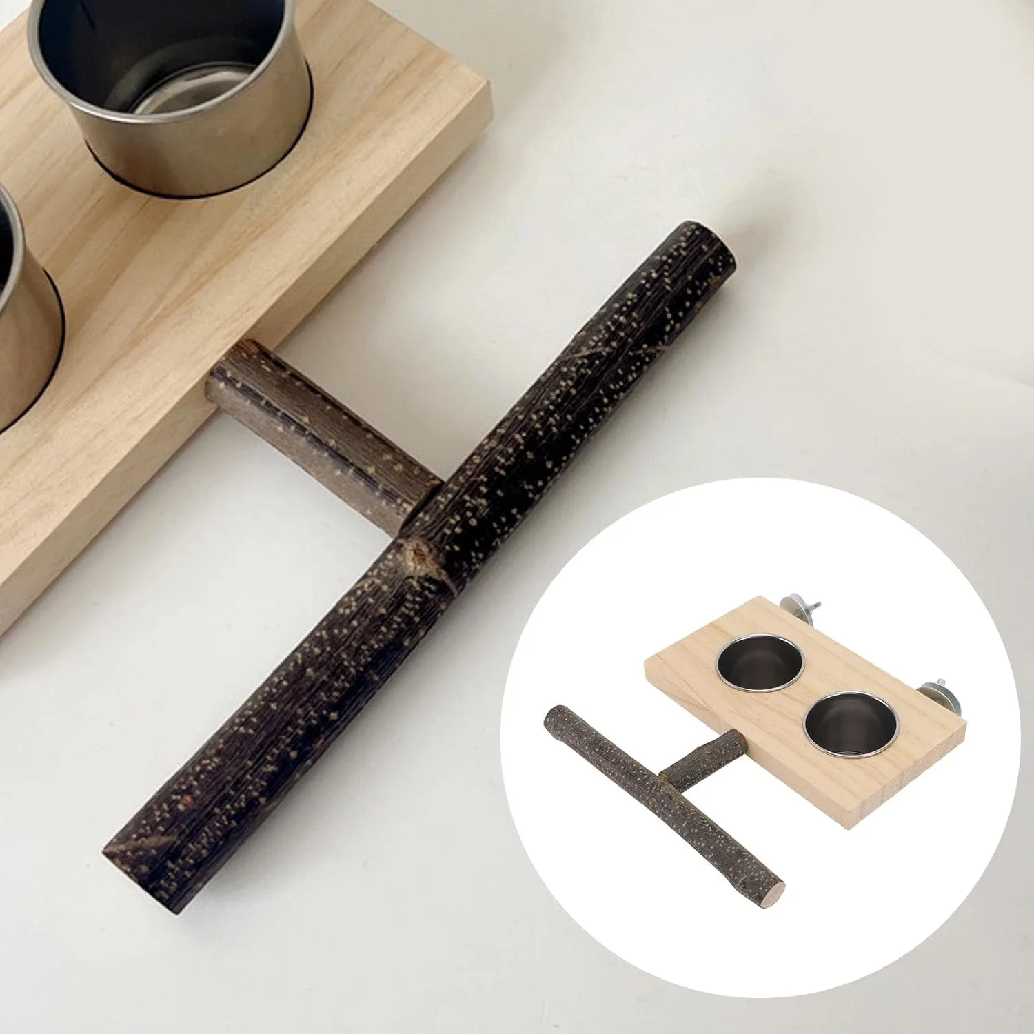 ظرف غذای پرنده دست ساز Jiawu، سکوی چوبی، فنجان های غذای استیل ضد زنگ ایمن، جایگاه نشیمن راحت برای عروس هلندی، جنس: چوب توس