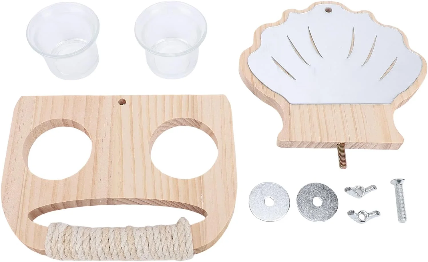 ظرف غذای آینه ای طوطی GLOGLOW، ظرف غذای چوبی پایه دار پرنده با آینه و فنجان های غذاخوری برای مرغ عشق، عروس هلندی، قناری و طوطی برزیلی