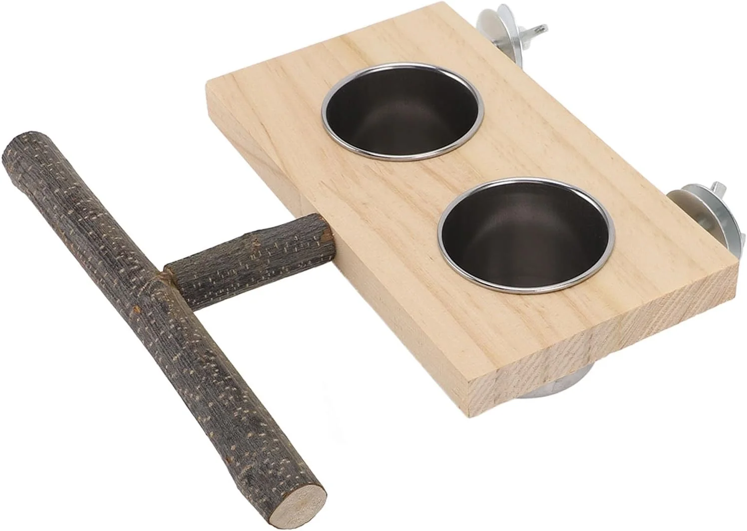 ظرف غذای پرنده دست ساز Jiawu، سکوی چوبی، فنجان های غذای استیل ضد زنگ ایمن، جایگاه نشیمن راحت برای عروس هلندی، جنس: چوب توس