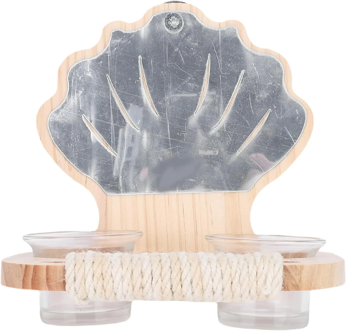 ظرف غذای آینه ای طوطی GLOGLOW، ظرف غذای چوبی پایه دار پرنده با آینه و فنجان های غذاخوری برای مرغ عشق، عروس هلندی، قناری و طوطی برزیلی