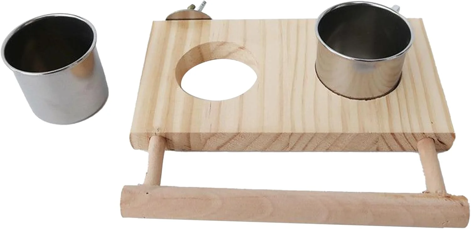 نشیمنگاه پرنده، نشیمنگاه طوطی برای پرندگان بزرگ - ایستگاه چوبی با کاسه های غذا برای تغذیه طوطی های کوچک و متوسط، فنچ، مرغ عشق، ماکائو، عروس هلندی برای غنی سازی و رفع خستگی