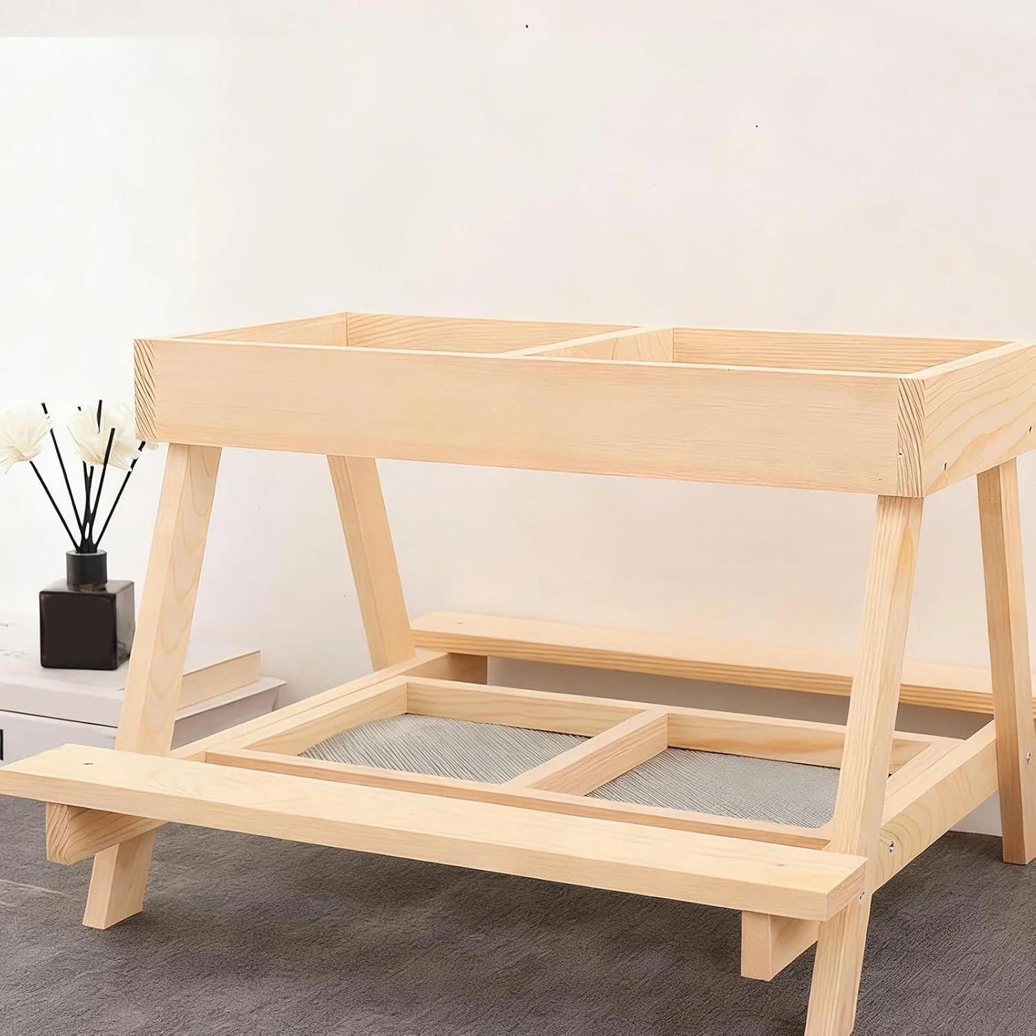 میز مرغ | میز خروس دو طبقه | فیدر سنجاب چوبی دست ساز با 4 شبکه | برای طیور، اردک، بوقلمون، پرندگان وحشی، سنجاب ها