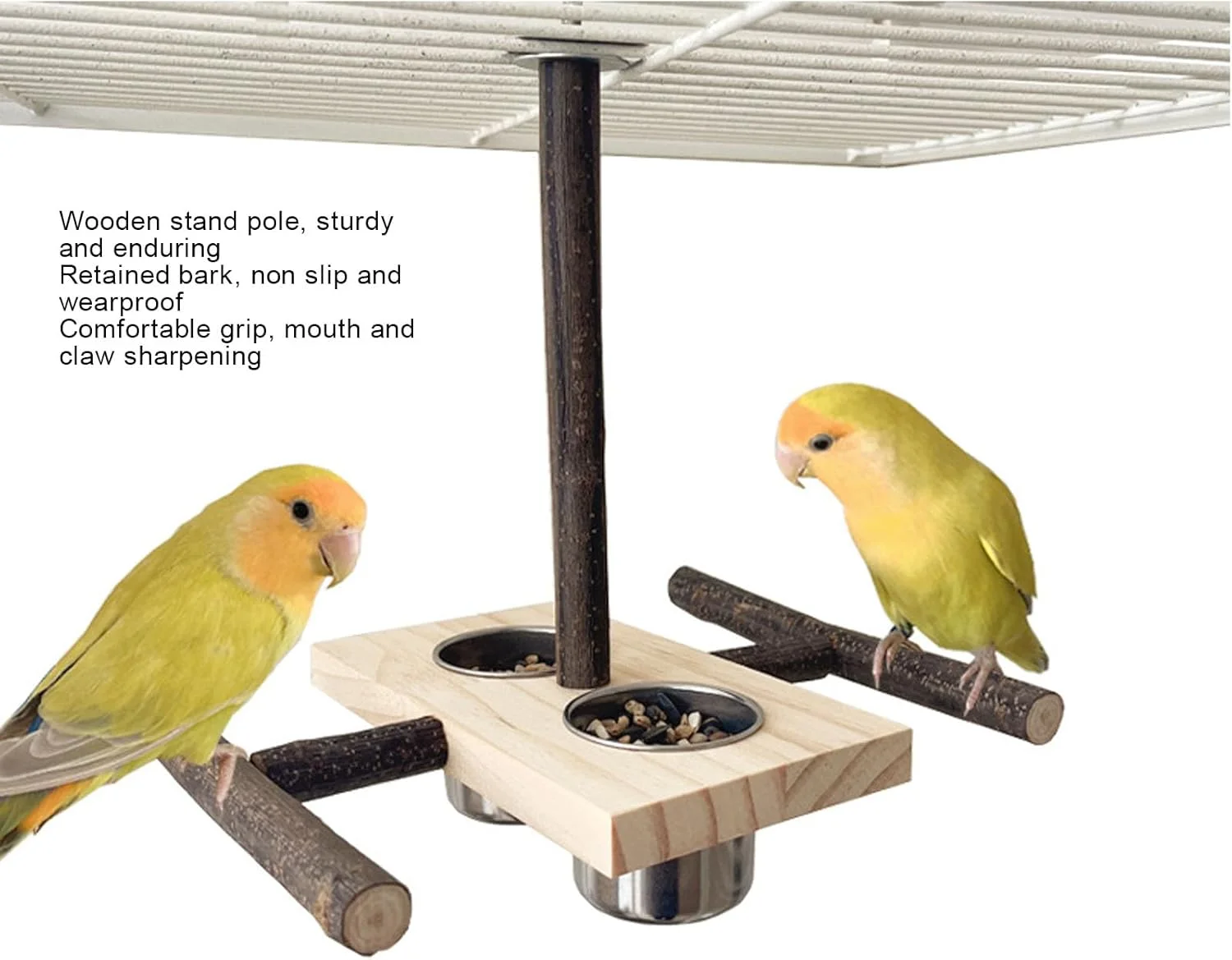 پایه چوبی فاباتر، کاسه های آویز چوبی راش، فنجان های استیل ضد زنگ کاکادو، سکوی محکم، خوراک دهنده پرنده برای یک محل استراحت راحت، 1 ست خوراک دهنده آویز (11 قطعه)