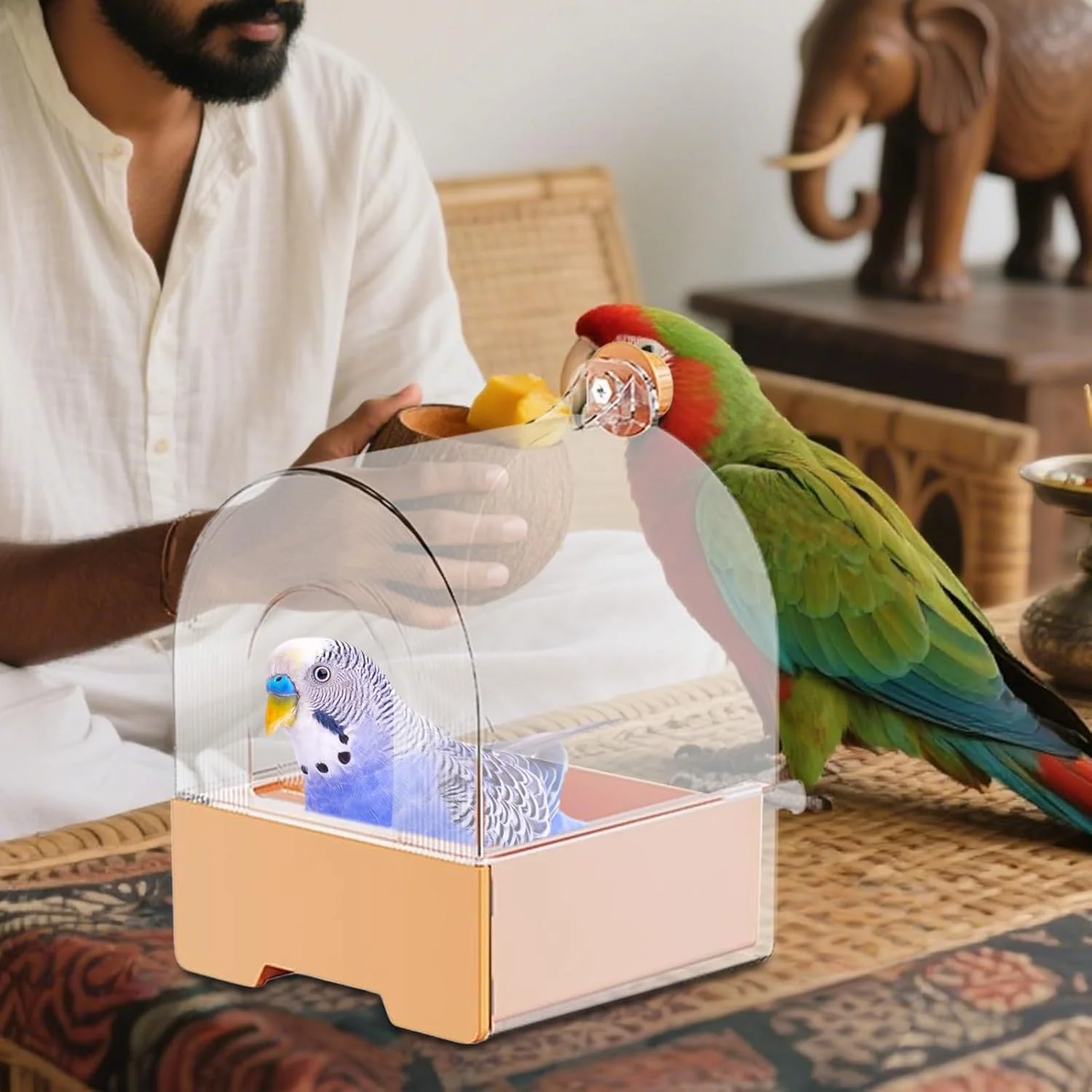 ظرف غذای پرنده برای قفس - خانه غذای طوطی با کشو بیرون کشیدنی - منطقه غذاخوری حیوانات، تجهیزات حمام پرندگان برای فنچ، گنجشک، قناری، سینه‌سرخ، مرغ عشق