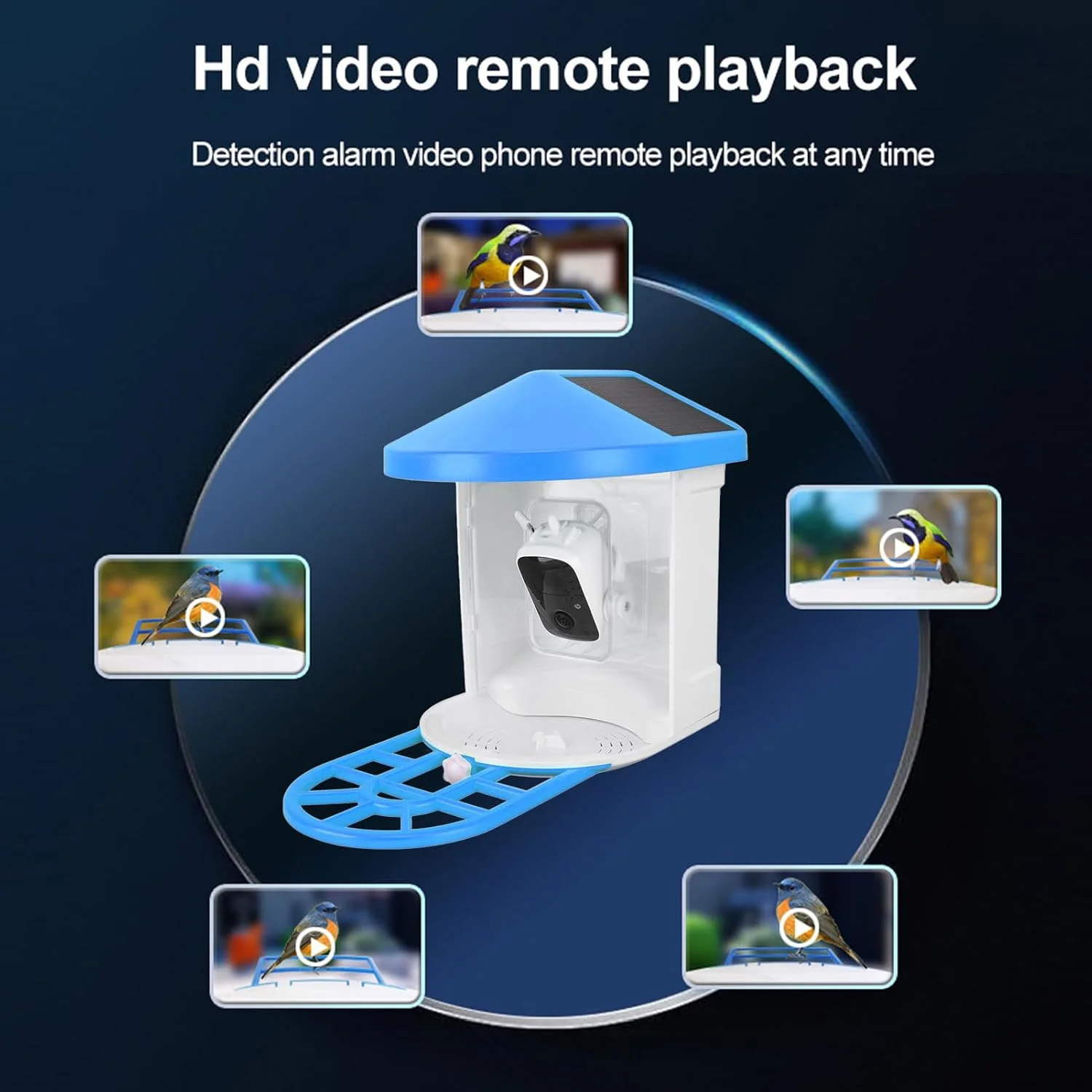 دوربین هوشمند تشخیص پرنده 1080P با قابلیت تغذیه خورشیدی، دید در شب بی سیم، قابلیت مکالمه دو طرفه، مناسب تماشا پرندگان به همراه باتری 5000 میلی آمپر برای پاسیو و بالکن (آبی)