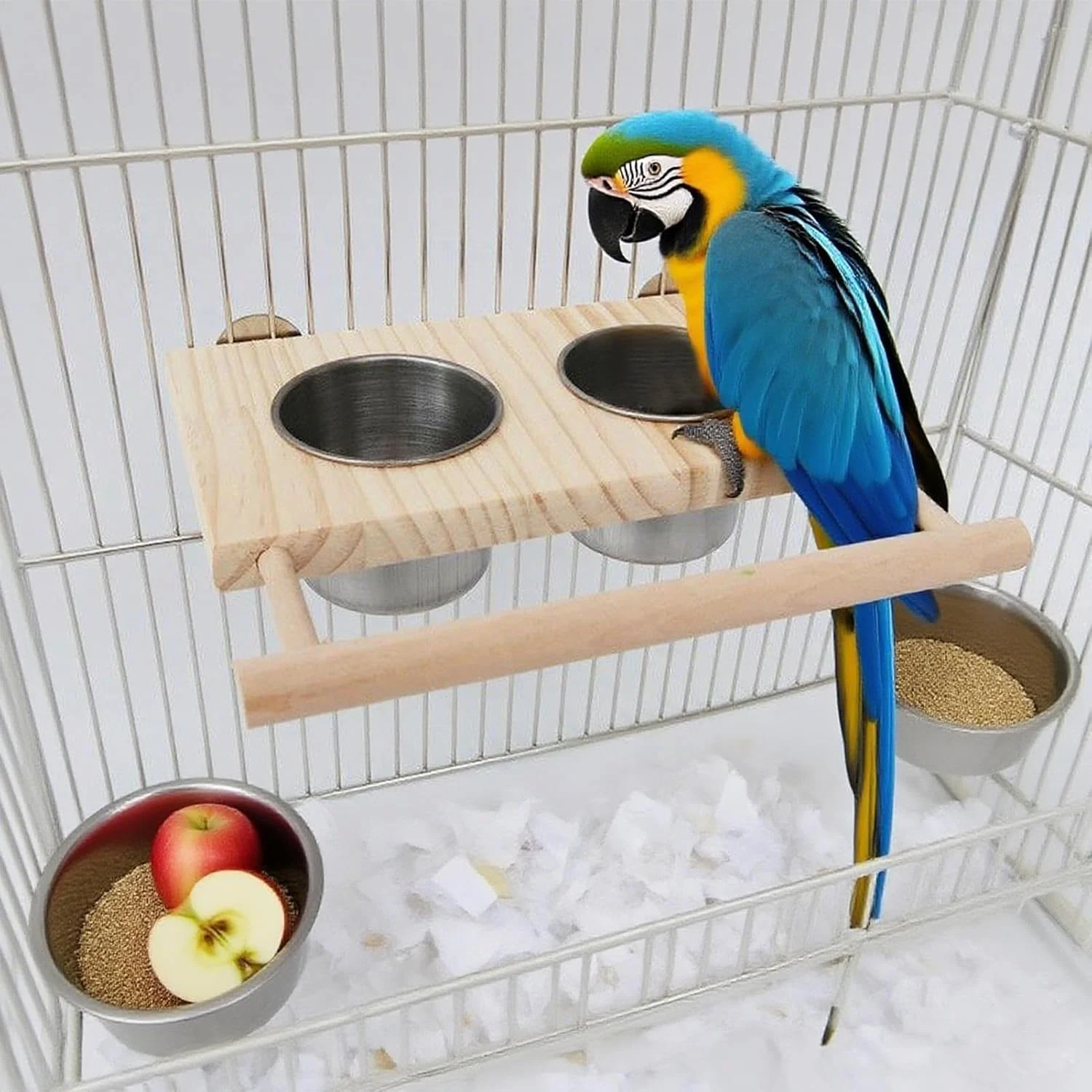 نشیمنگاه پرنده برای قفس - پایه پرنده، آبخوری، اسباب بازی های کانور | لوازم حیوانات خانگی چوبی با کاسه های استیل ضد زنگ برای پاراکیت، کانور، کوکاتیل، ماکائو، فنچ، مرغ عشق، کوچک، متوسط، غذا خوردن، نوشیدن