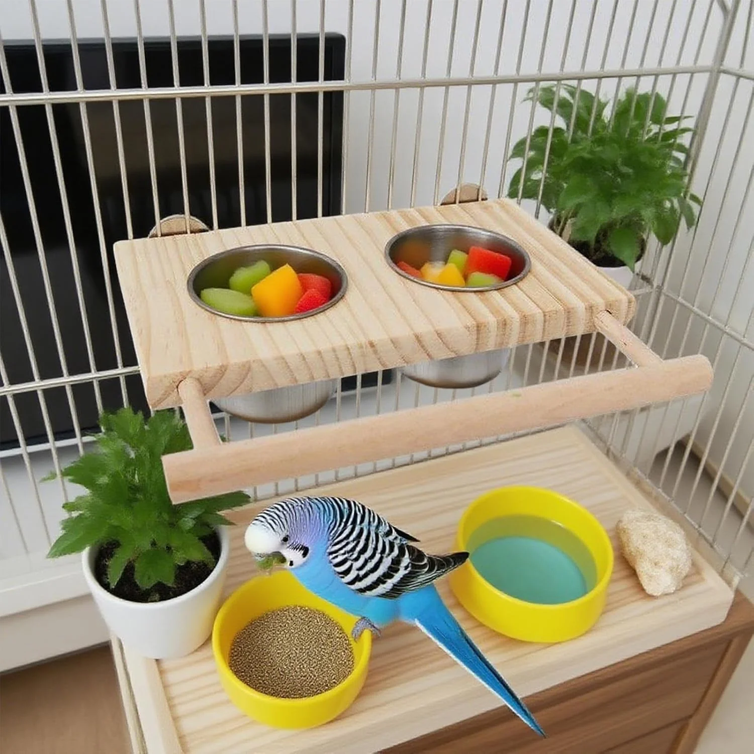 نشیمنگاه پرنده | نشیمنگاه پرنده اسباب بازی های طوطی عروس هلندی - لوازم حیوانات خانگی چوبی با کاسه های استیل ضد زنگ برای طوطی برزیلی، طوطی خورشیدی، طوطی عروس هلندی، ماکائو، فنچ، مرغ عشق، تغذیه و نوشیدن پرندگان کوچک و متوسط