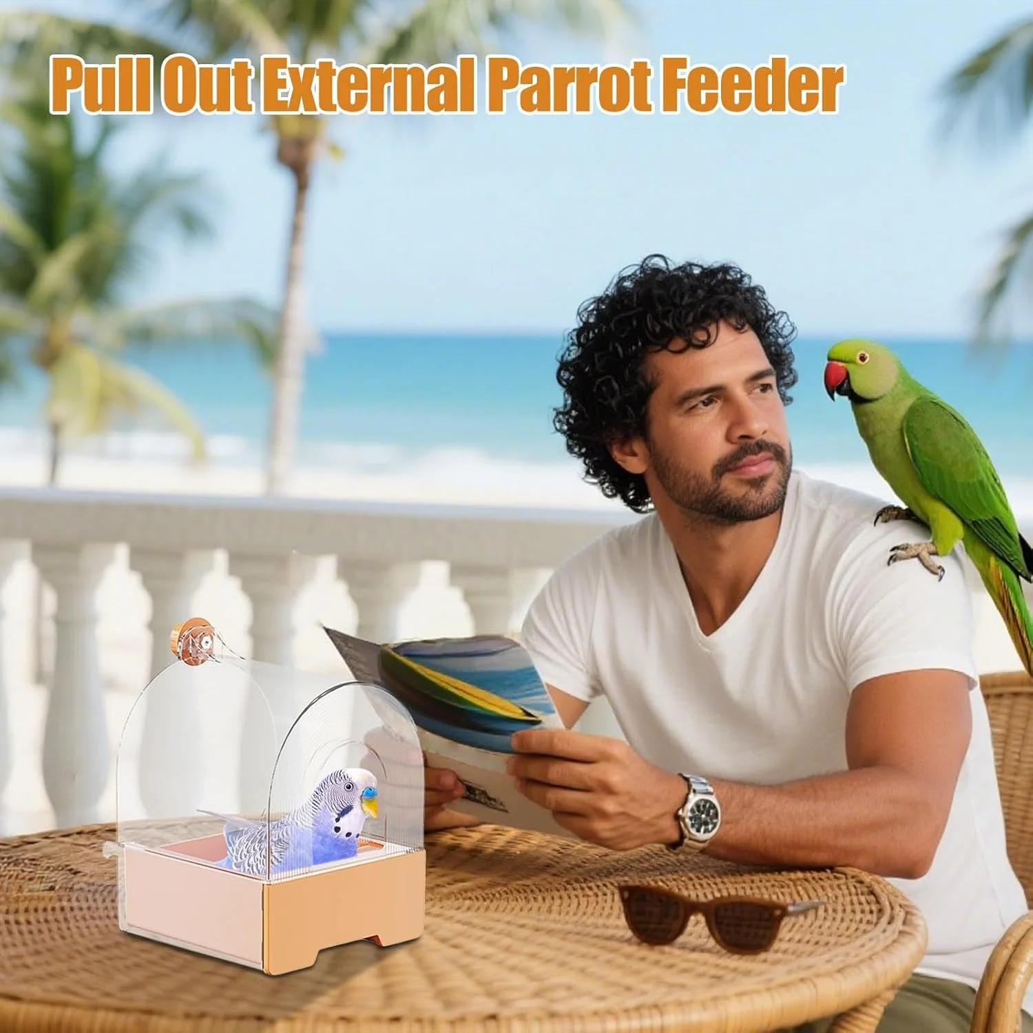 ظرف غذای پرنده برای قفس | ظرف غذای کشویی مخصوص طوطی، تجهیزات غذاخوری و حمام تزئینی پرندگان و حیوانات برای حیاط خلوت، باغ، تراس، بالکن، حصار و پاسیو