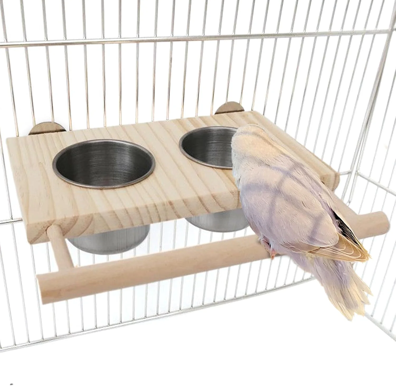 نشیمنگاه طوطی - نشیمنگاه قفس پرنده | لوازم حیوانات خانگی چوبی با کاسه های استیل ضد زنگ برای طوطی های کوچک و متوسط، عروس هلندی، کانور، مرغ عشق، فنچ، ماکائو