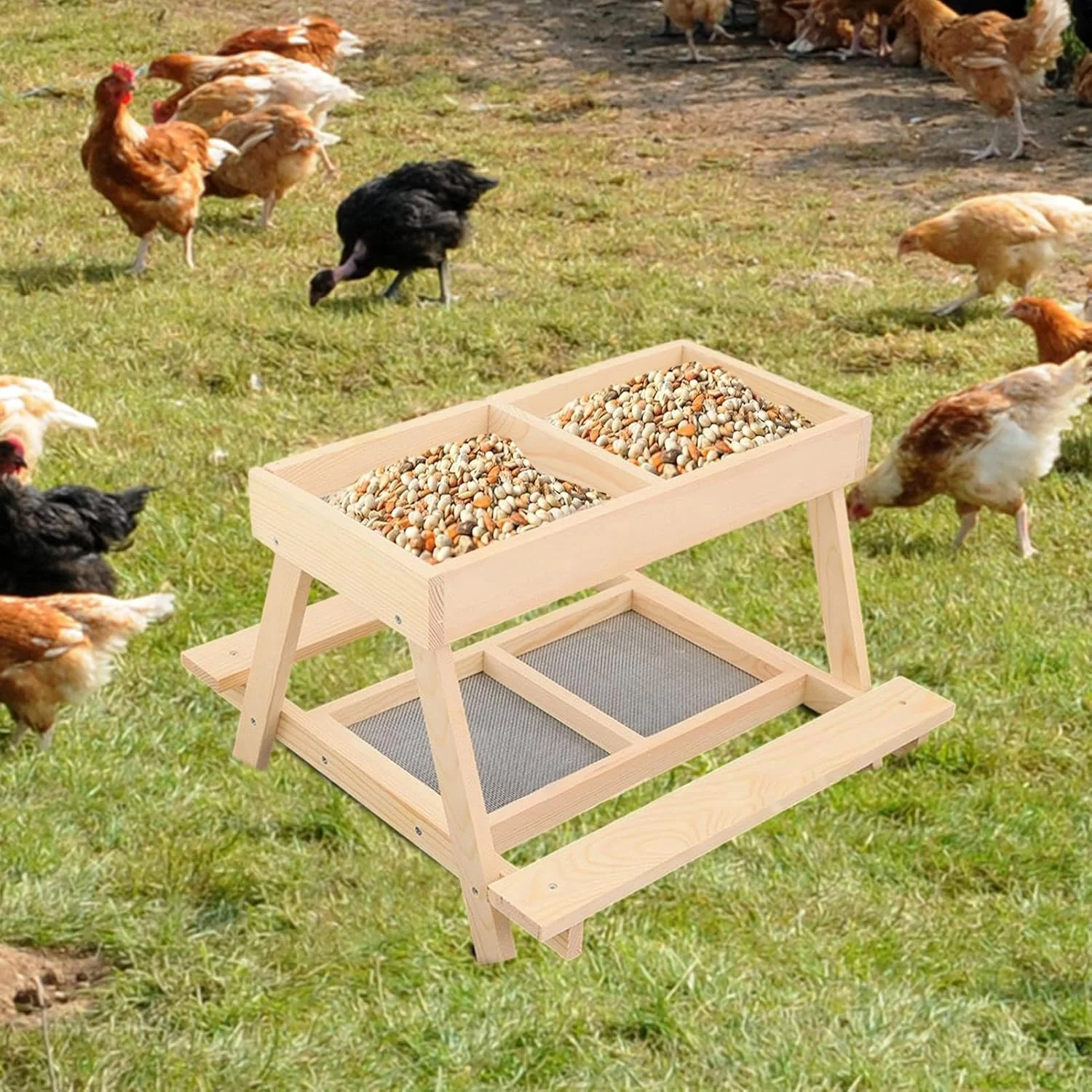 خوراک دهنده طیور | میز خوراک دهی دو لایه خروس - خوراک دهنده چوبی دست ساز اردک با 4 شبکه - برای طیور، اردک، بوقلمون، پرندگان وحشی، سنجاب ها