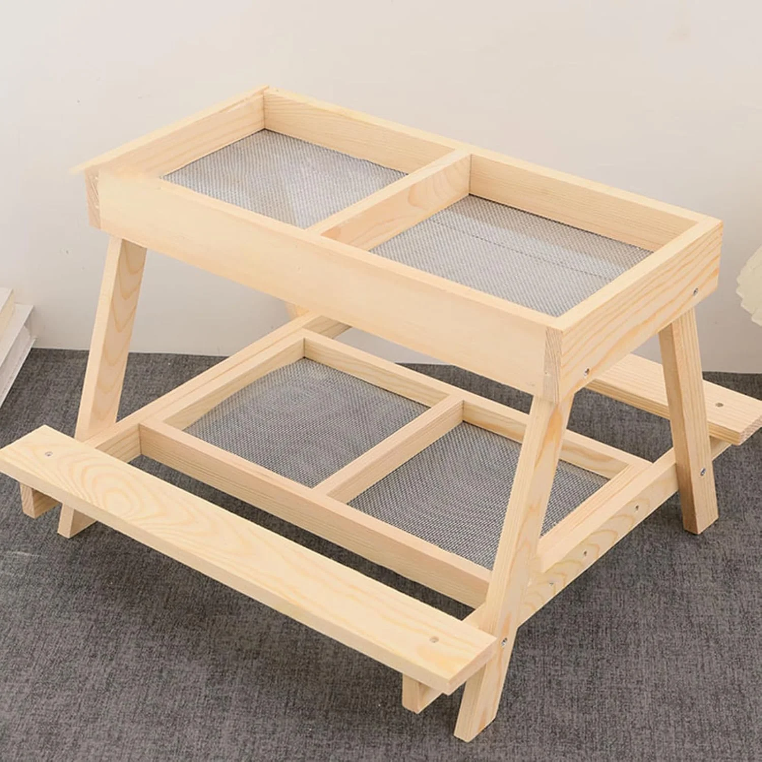 میز مرغ | میز دو طبقه فضای باز، خوراک دهنده دست ساز چوبی لانه مرغ با 4 شبکه - برای طیور، اردک، بوقلمون، پرندگان وحشی، سنجاب ها