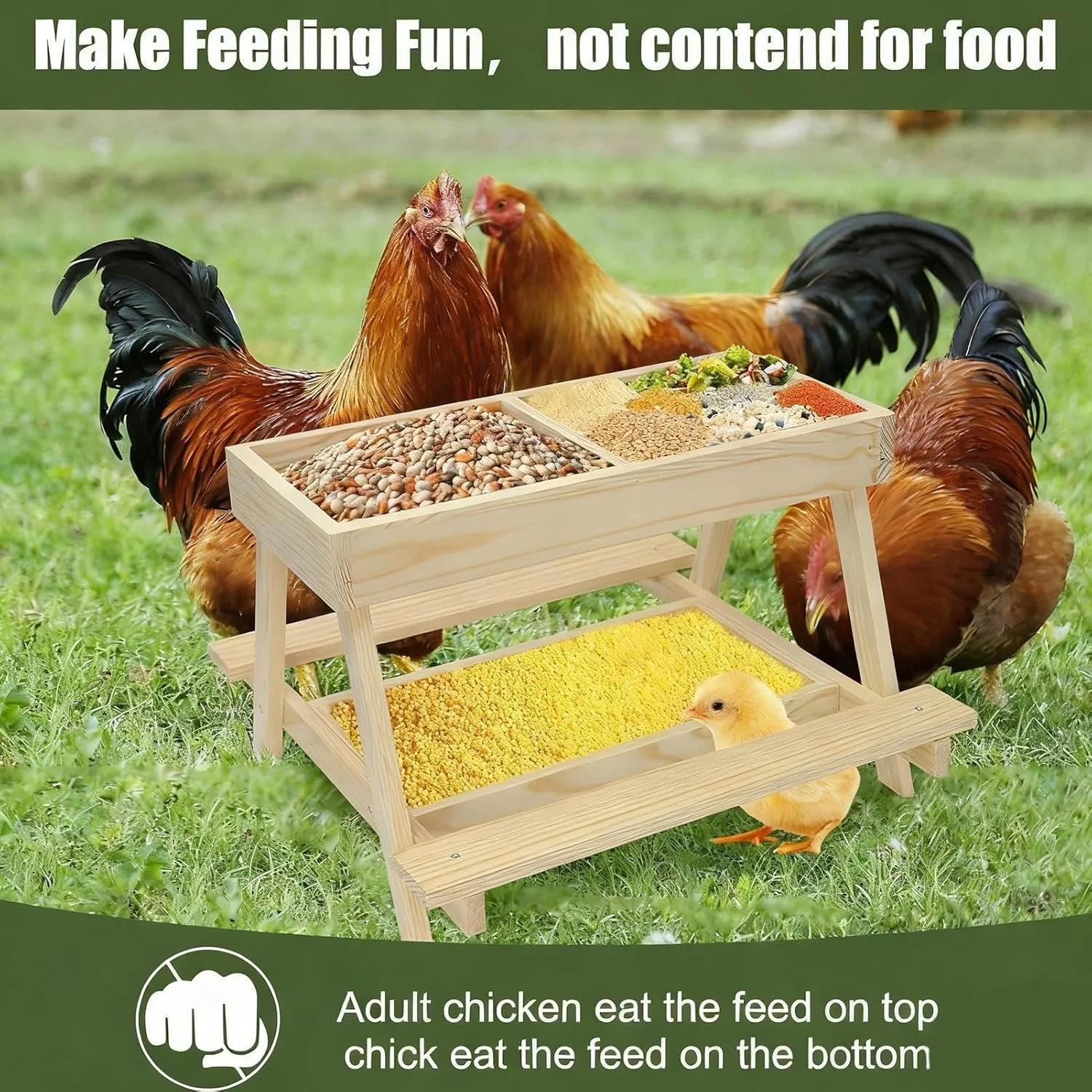 ظرف غذای مرغ | میز دو لایه، ظرف غذای چوبی دست ساز مرغ با 4 قسمت، برای طیور، اردک، بوقلمون، پرندگان وحشی، سنجاب ها