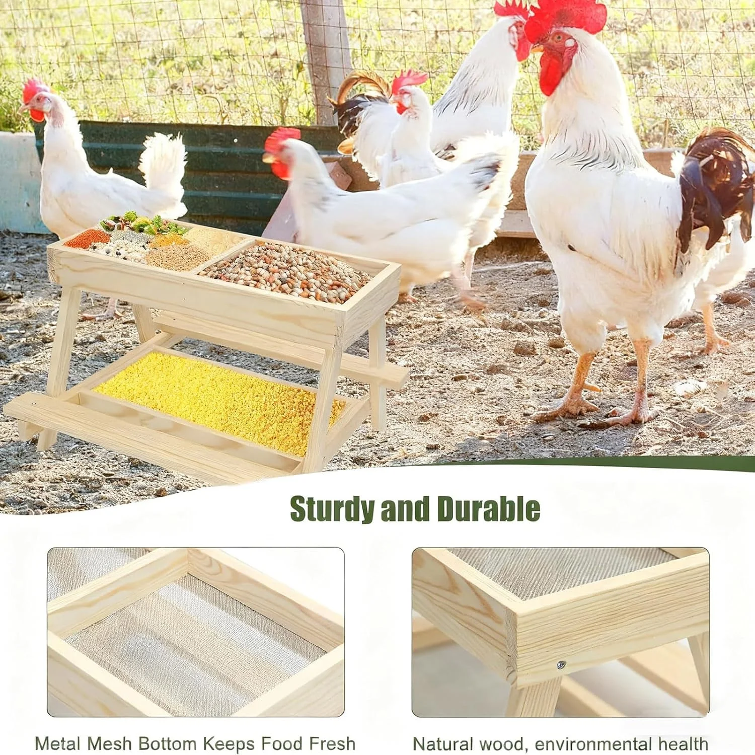 خوراک دهنده طیور، میز دو لایه بیرونی، خوراک دهنده دست ساز چوبی لانه مرغ با 4 قسمت - برای طیور، اردک، بوقلمون، پرندگان وحشی، سنجاب ها