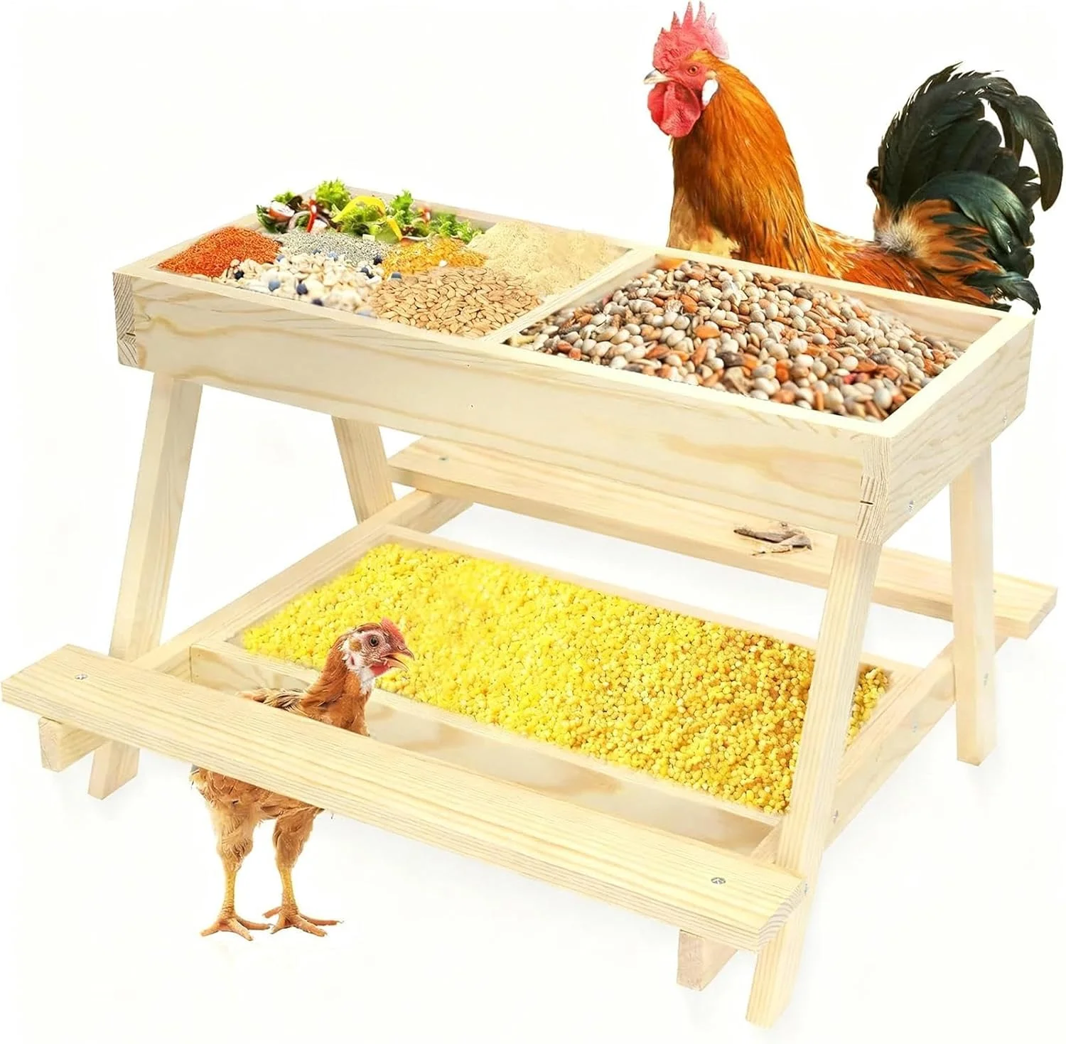 خوراک دهنده مرغ | میز دو طبقه، خوراک دهنده پیک نیک چوبی دست ساز مرغ با 4 قسمت، برای طیور، اردک، بوقلمون، پرندگان وحشی، سنجاب ها